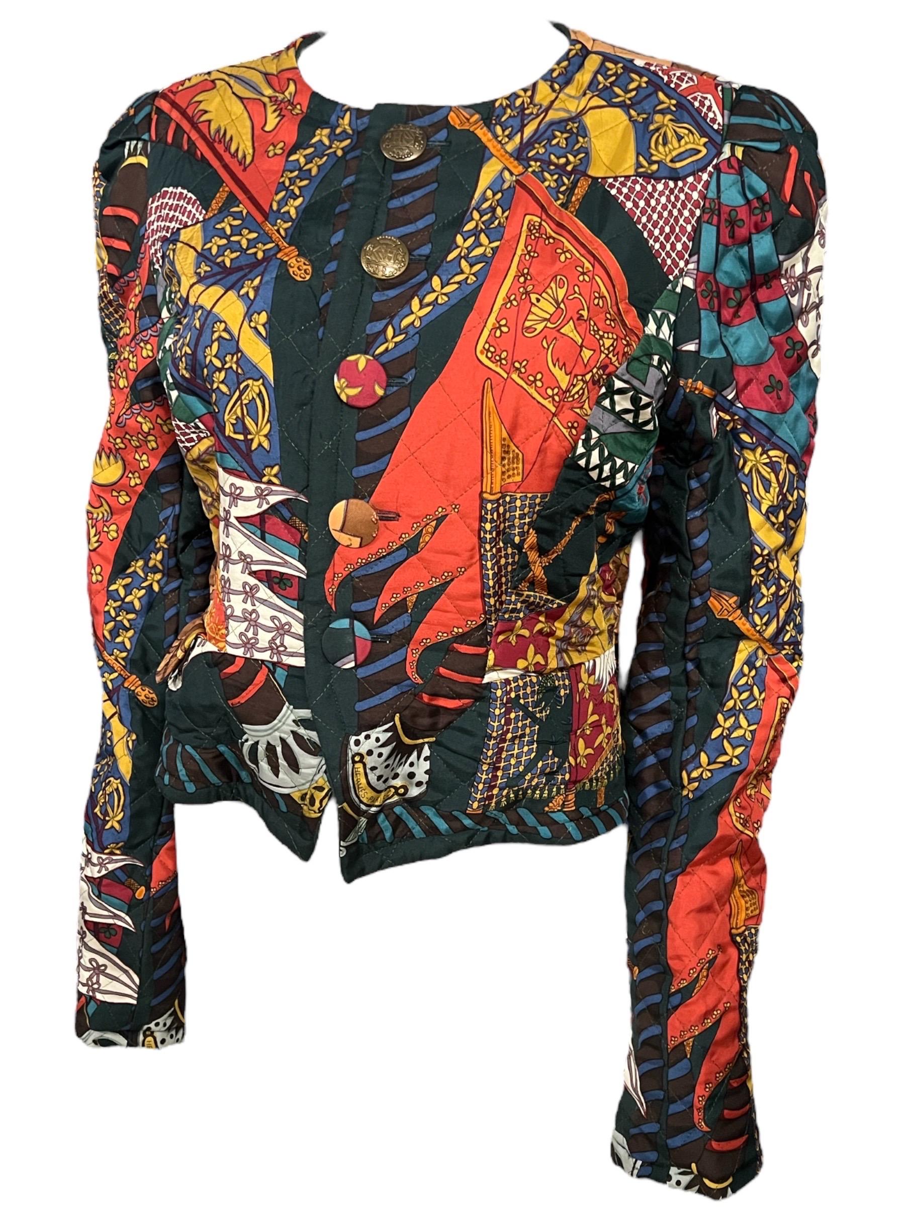 Black 1990's Hermes Vintage Quilted Reversible Scarf Print Jacket For Sale
