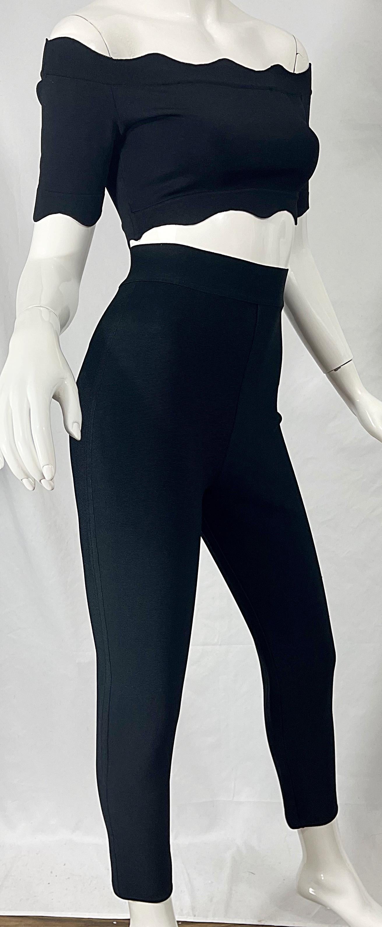 1990s Herve Leger Black 3 Piece Vintage 90s Crop Top Pants + Cardigan  For Sale 5