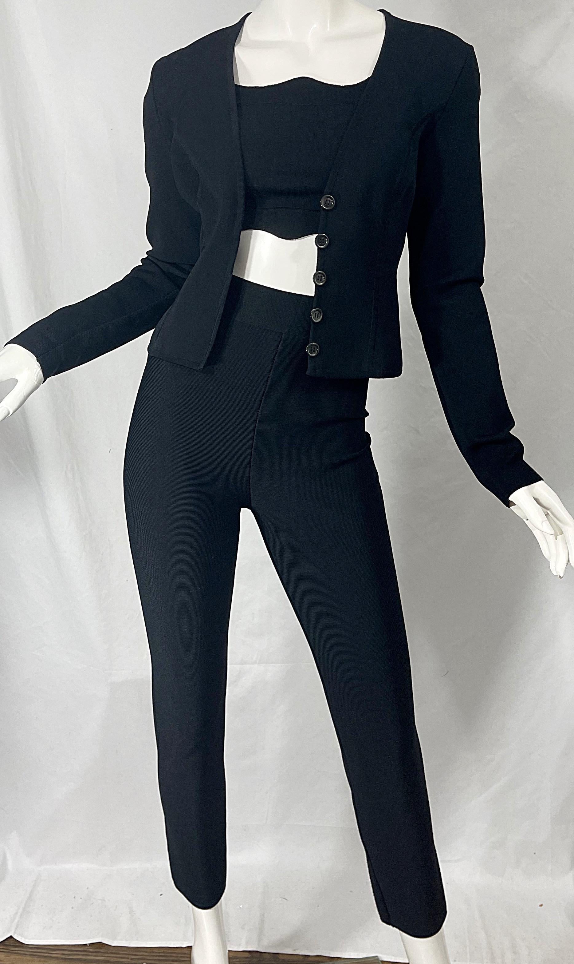 1990s Herve Leger Black 3 Piece Vintage 90s Crop Top Pants + Cardigan For Sale 11