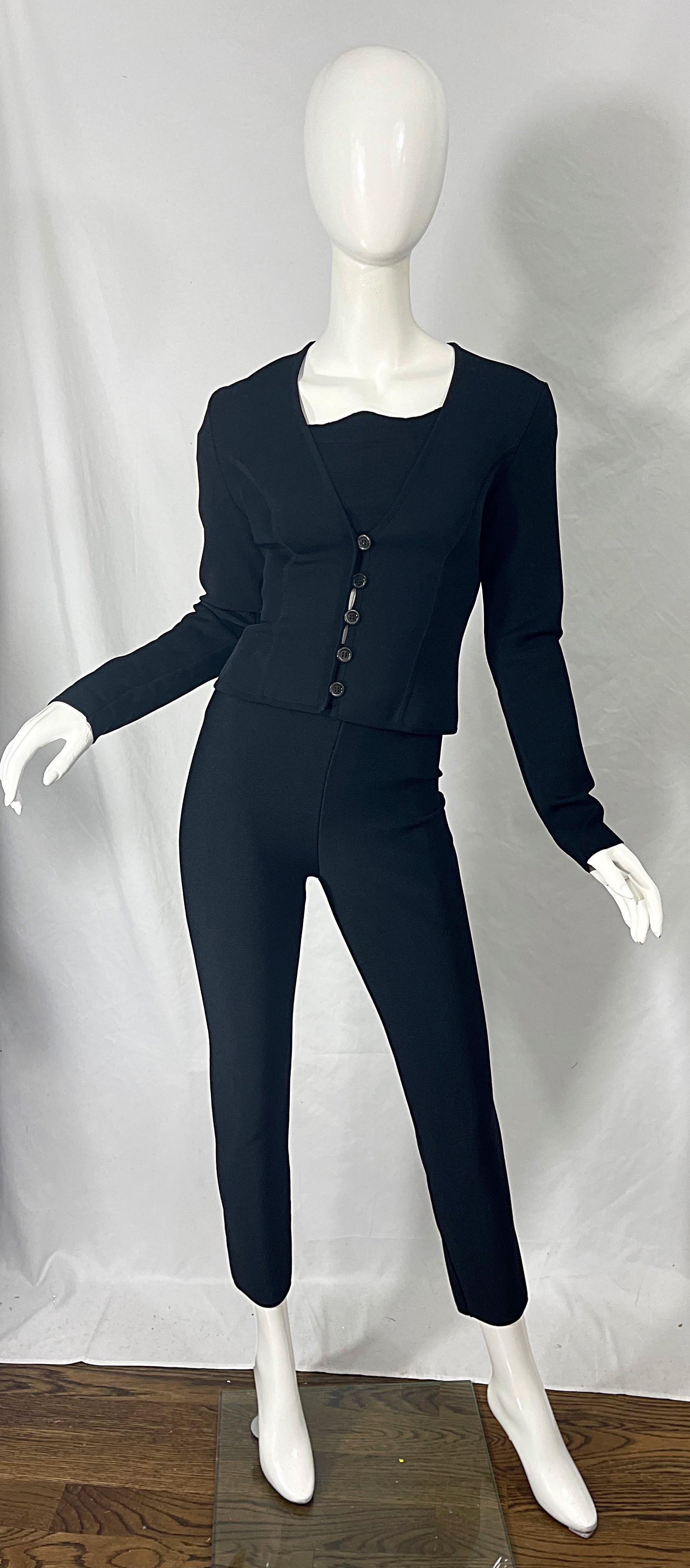 1990s Herve Leger Black 3 Piece Vintage 90s Crop Top Pants + Cardigan For Sale 13