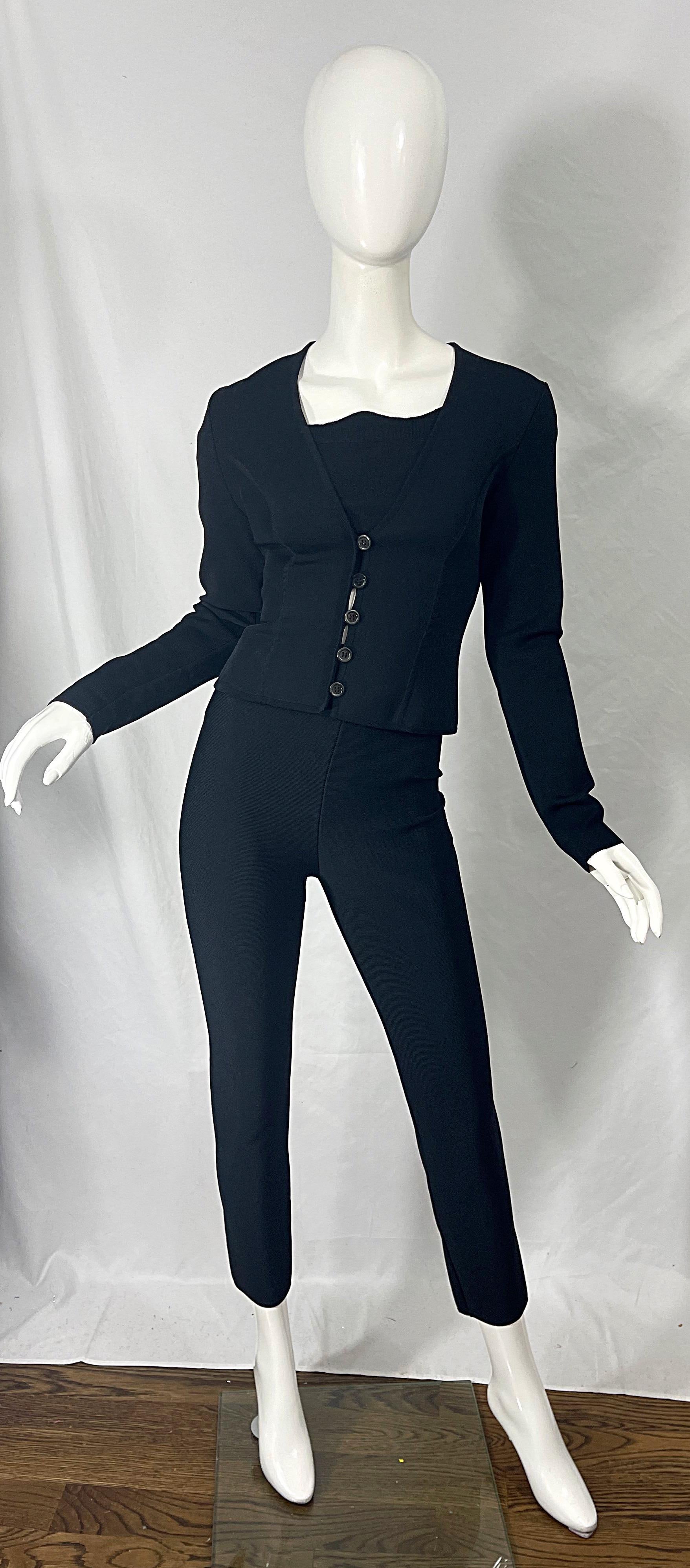 1990s Herve Leger Black 3 Piece Vintage 90s Crop Top Pants + Cardigan  For Sale 13