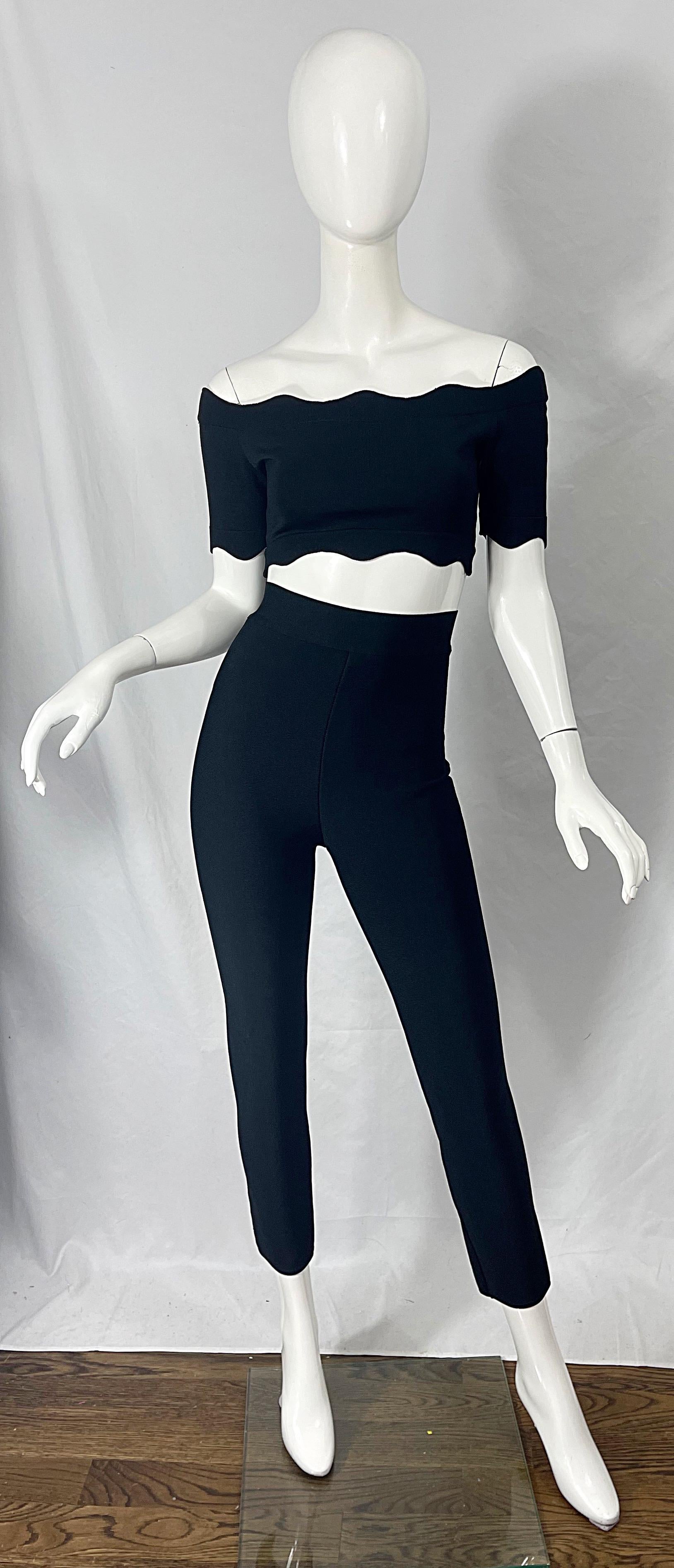1990s Herve Leger Black 3 Piece Vintage 90s Crop Top Pants + Cardigan For Sale 14