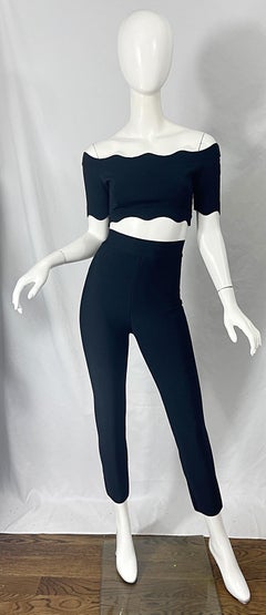 1990s Herve Leger Black 3 Piece Vintage 90s Crop Top Pants + Cardigan