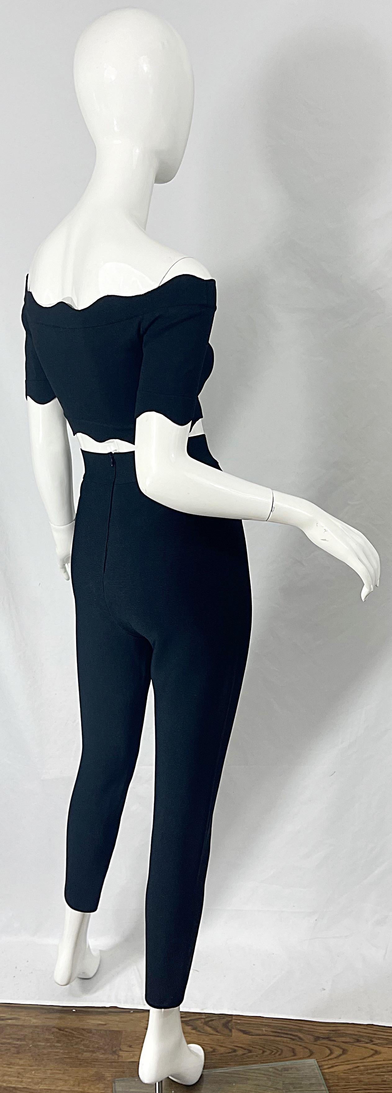Women's 1990s Herve Leger Black 3 Piece Vintage 90s Crop Top Pants + Cardigan  For Sale