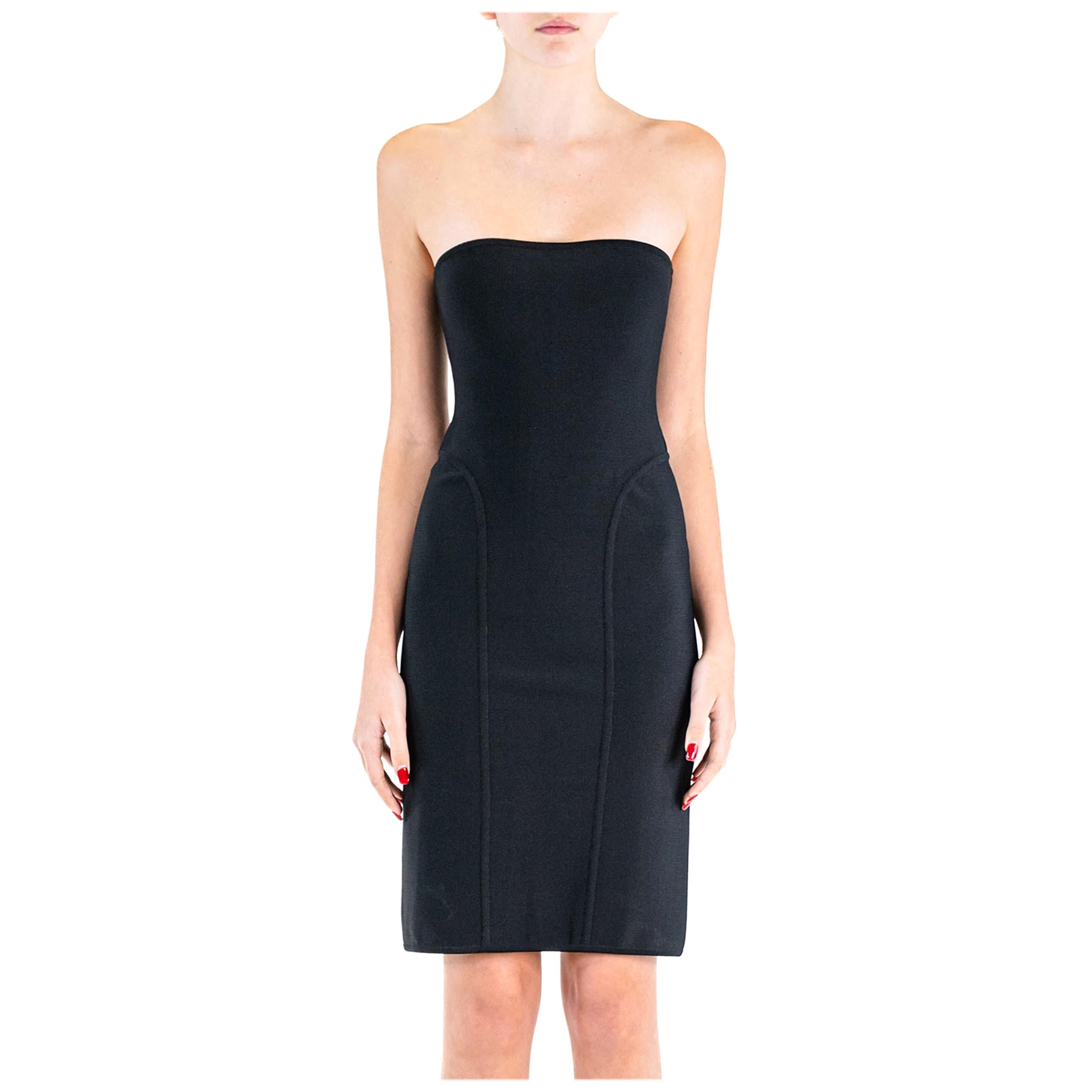 1990S Herve Leger - Vestito a matita senza spalline in maglia nera di rayon ed elastan