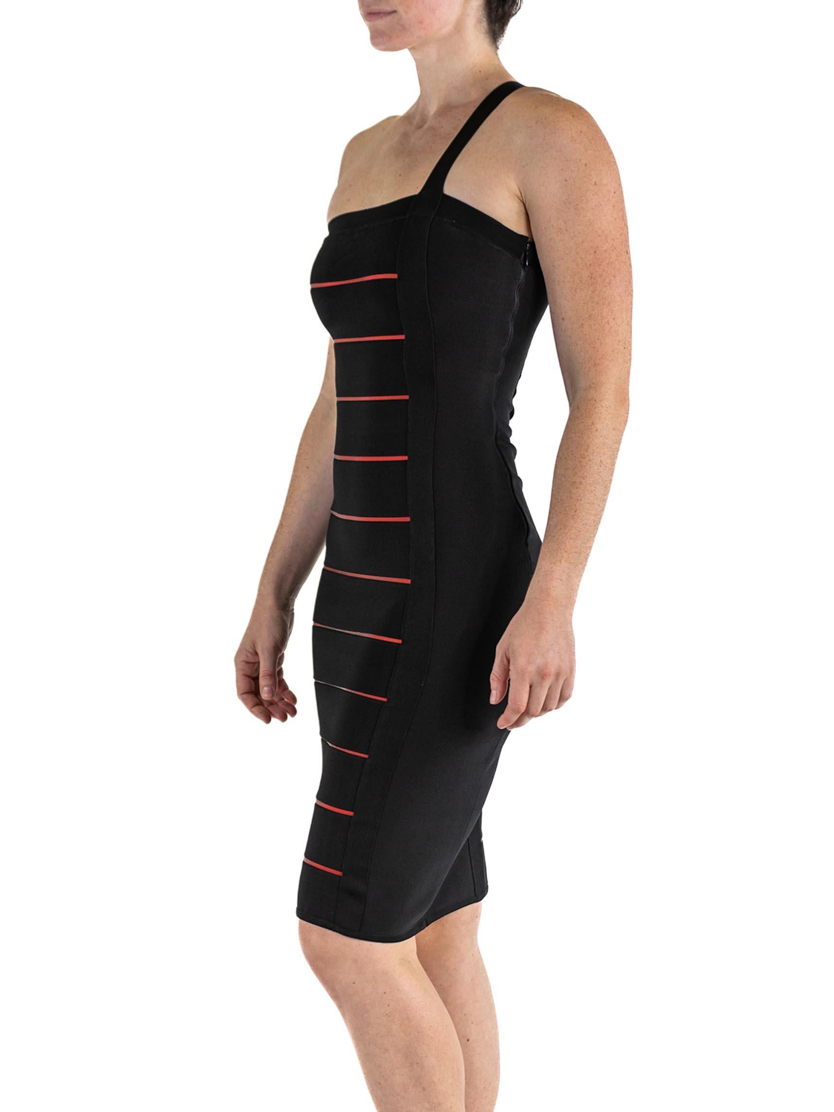 1990S HERVE LEGER Black & Red Rayon Blend Body-Con Cocktail Dress For Sale 1