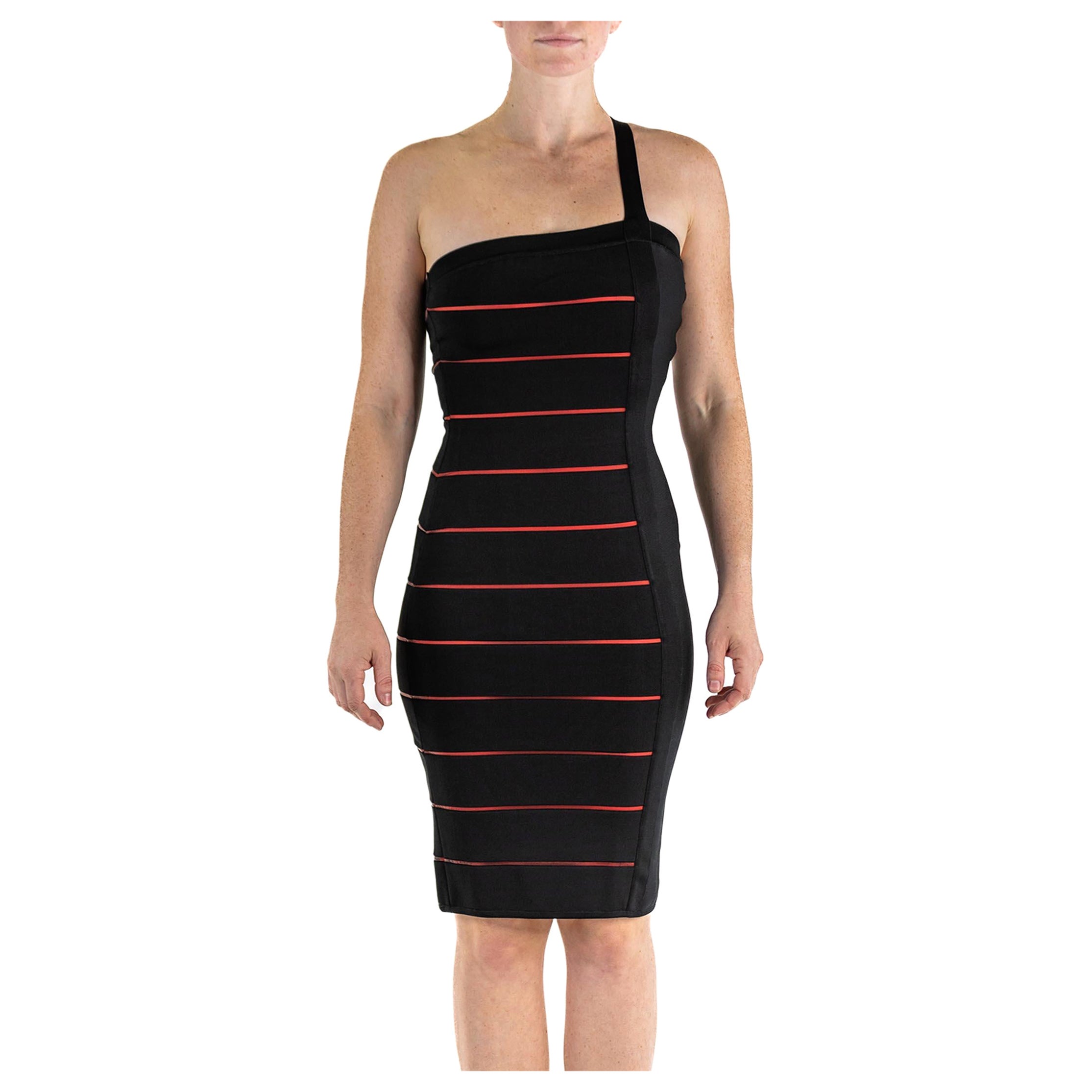 Robe de cocktail HERVE LEGER en rayonne mélangée noire et rouge des années 1990