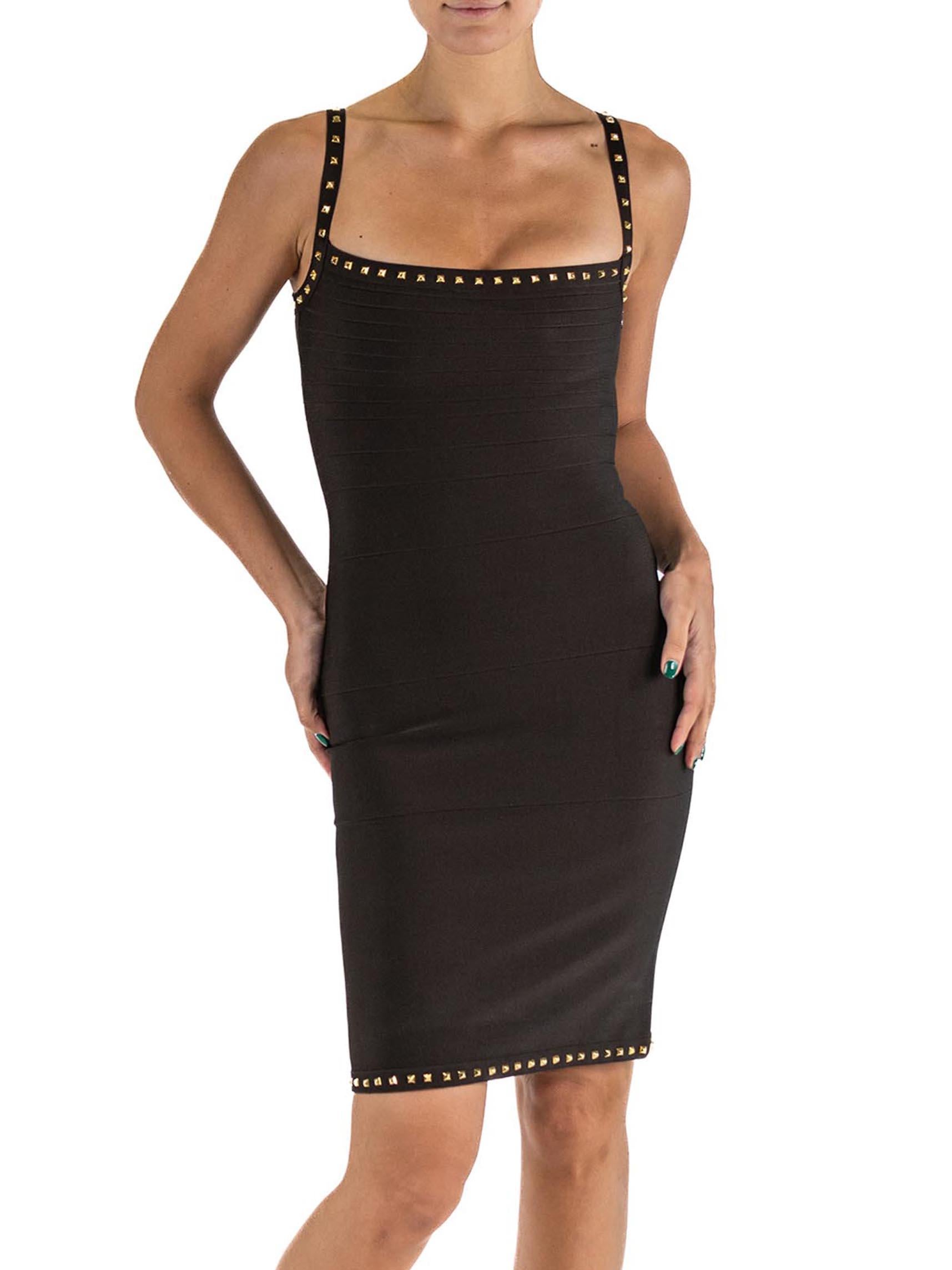Women's 1990S HERVE LEGER Dark Chocolate Brown Rayon Blend Cocktail Dress With Gold Stu For Sale