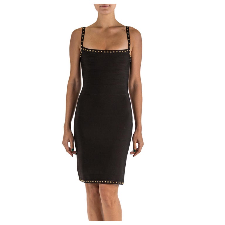 1990S Herve Leger Dark Chocolate Brown Rayon Blend Cocktail Dress With Gold Studded Trim 1990S Herve Leger Dark Chocolate Brown Rayon Blend Cocktail Dress With Gold Studded Trim