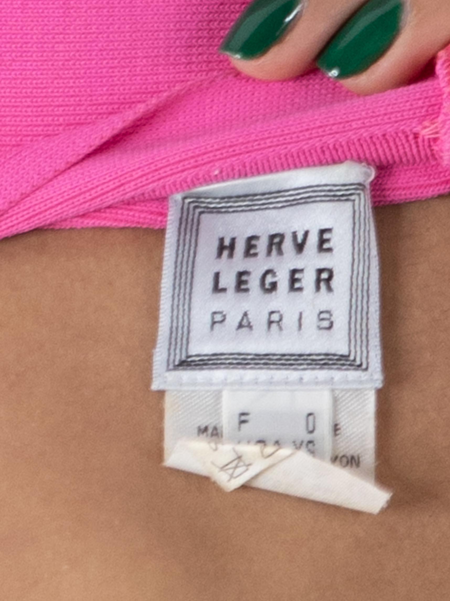 1990S HERVE LEGER Hot Pink Rayon & Silk Chiffon Baby Doll Empire Waist Cocktail For Sale 5