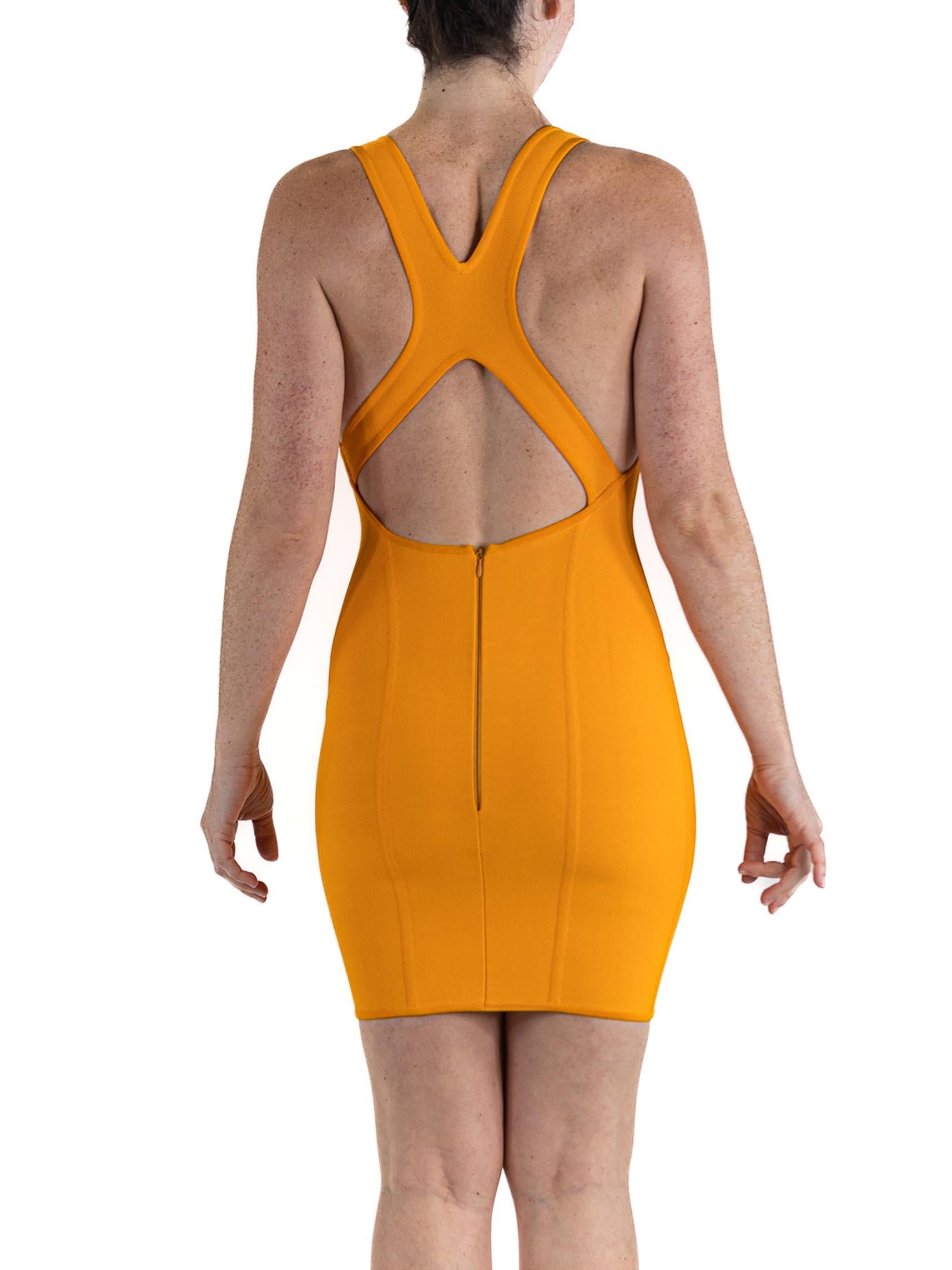 1990S HERVE LEGER Orange Rayon & Lycra Body-Con Cocktail Dress With 4