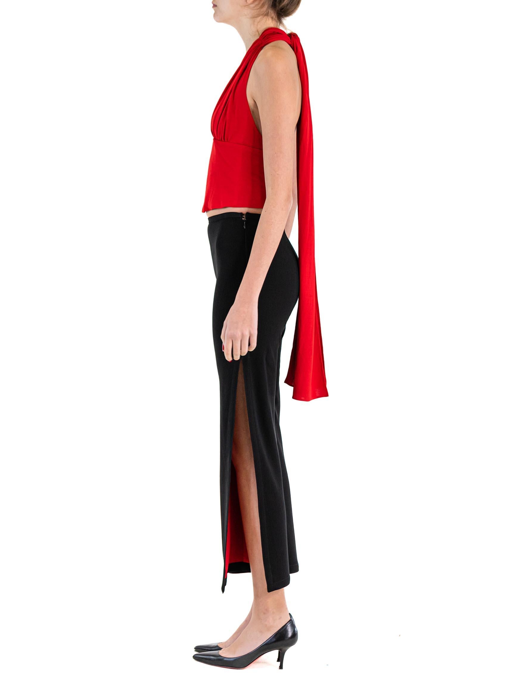 1990S HERVE LEGER Ruby Red & Black Rayon Lycra Jersey Deep V Top Pants Ensemble In Excellent Condition For Sale In New York, NY