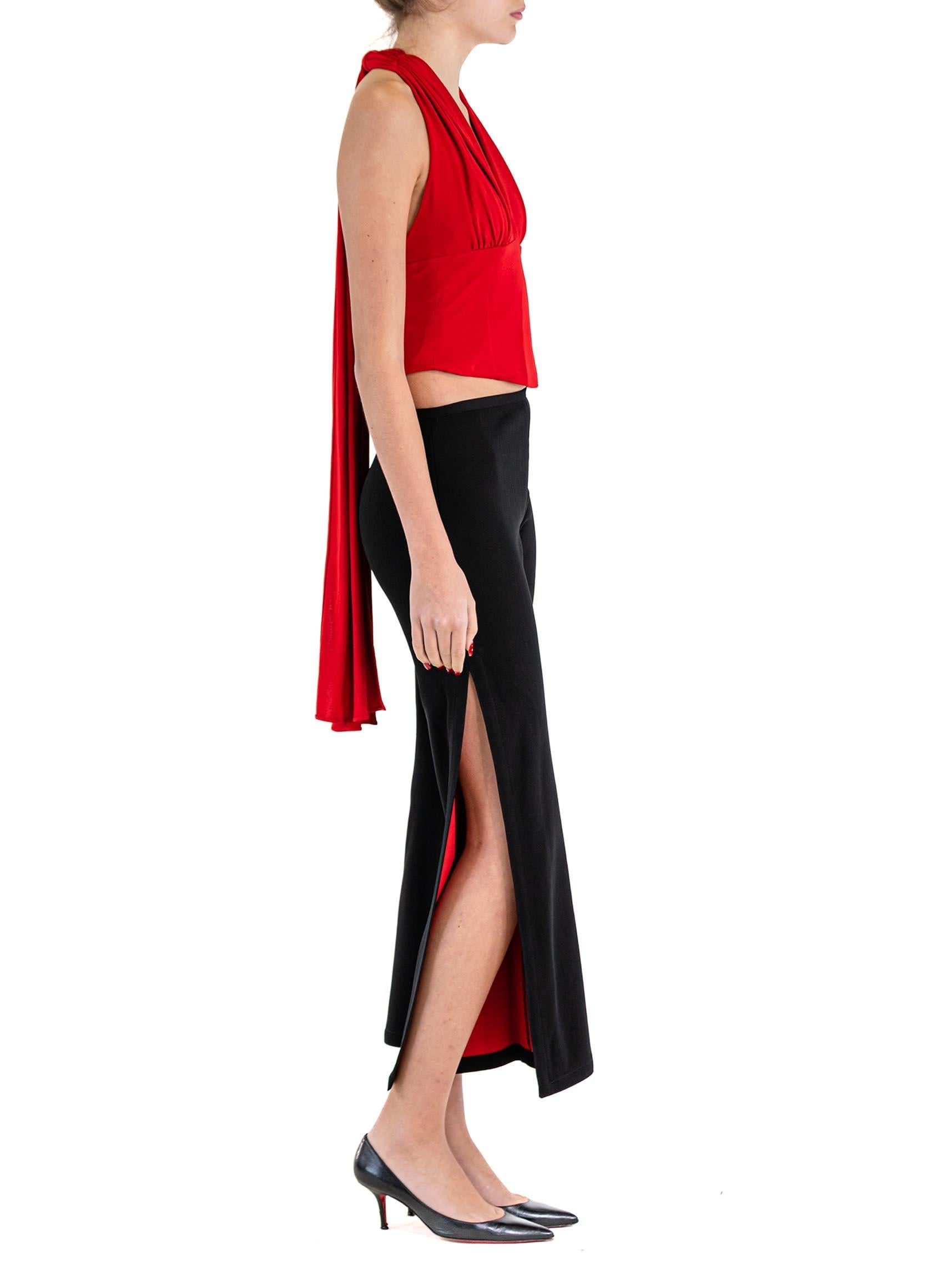 Women's 1990S HERVE LEGER Ruby Red & Black Rayon Lycra Jersey Deep V Top Pants Ensemble For Sale