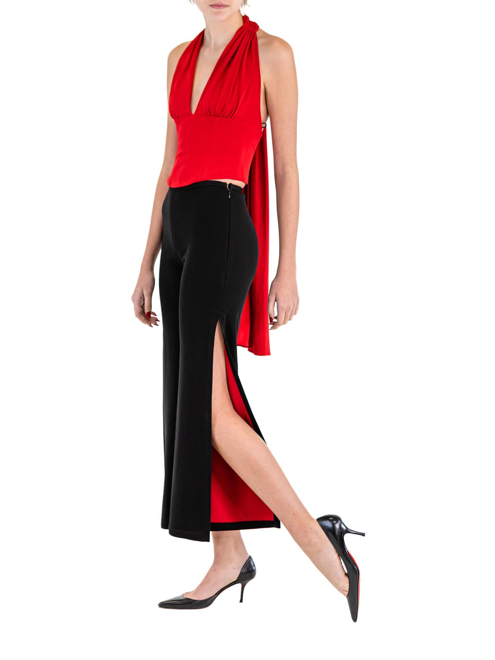 1990S HERVE LEGER Ruby Red & Black Rayon Lycra Jersey Deep V Top Pants Ensemble For Sale 3