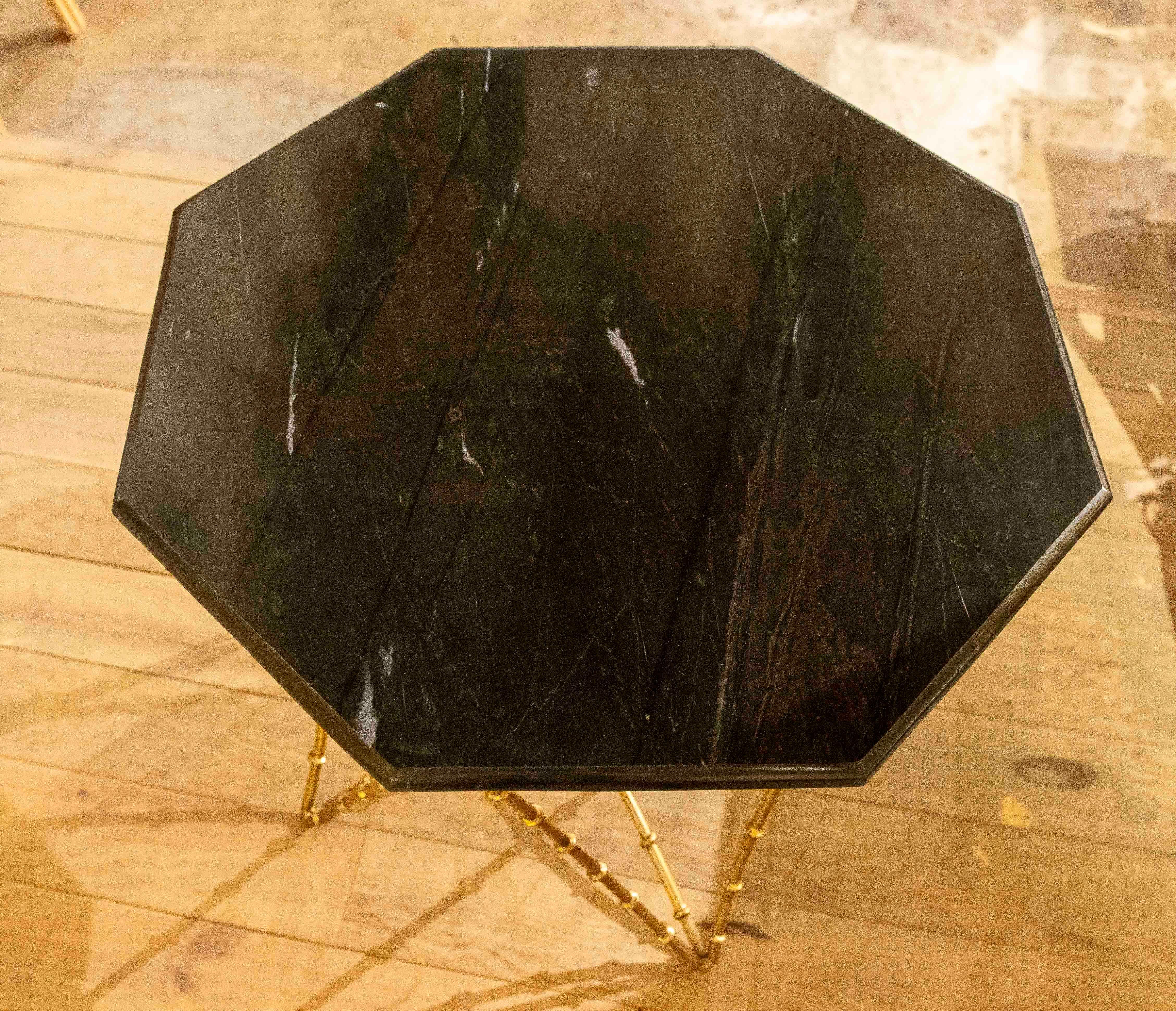 1990s Hexagonal Side Table with Bamboo Style Iron Base and Marble Top For Sale 6