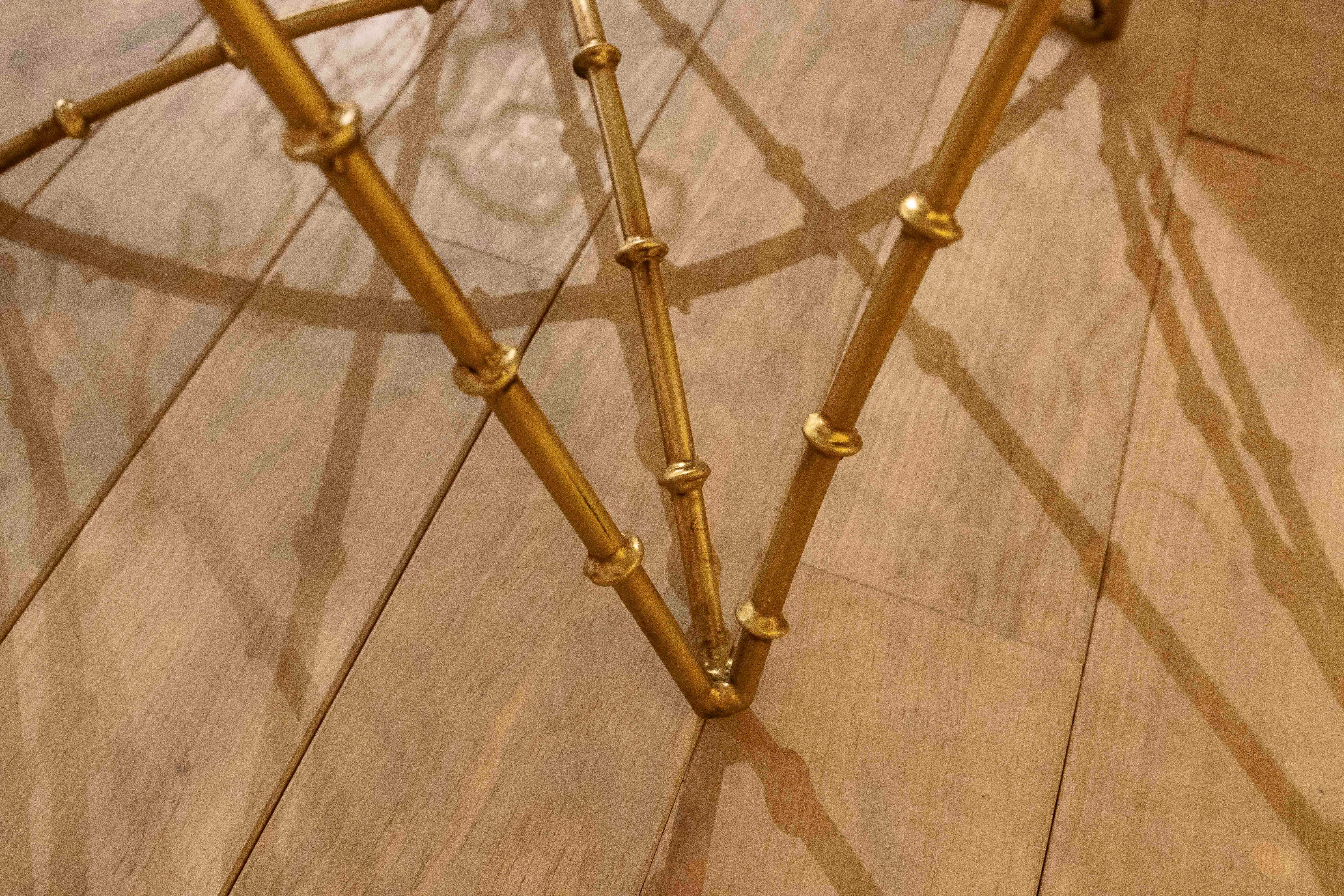 1990s Hexagonal Side Table with Bamboo Style Iron Base and Marble Top For Sale 7