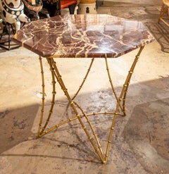 1990s Hexagonal Side Table with Bamboo Style Iron Base and Marble Top
