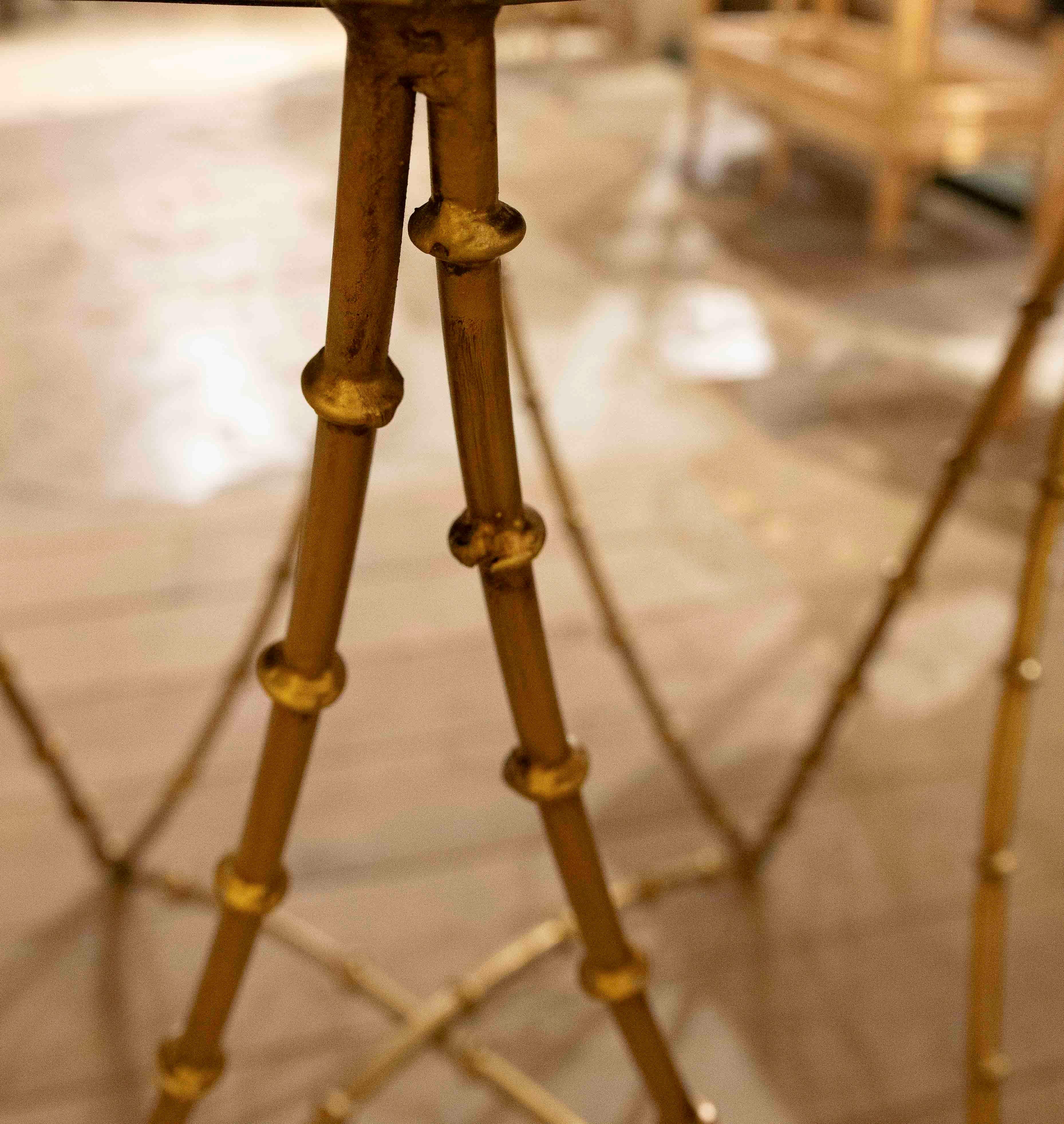 1990s Hexagonal Side Table with Bamboo Style Iron Base and Marble Top For Sale 1