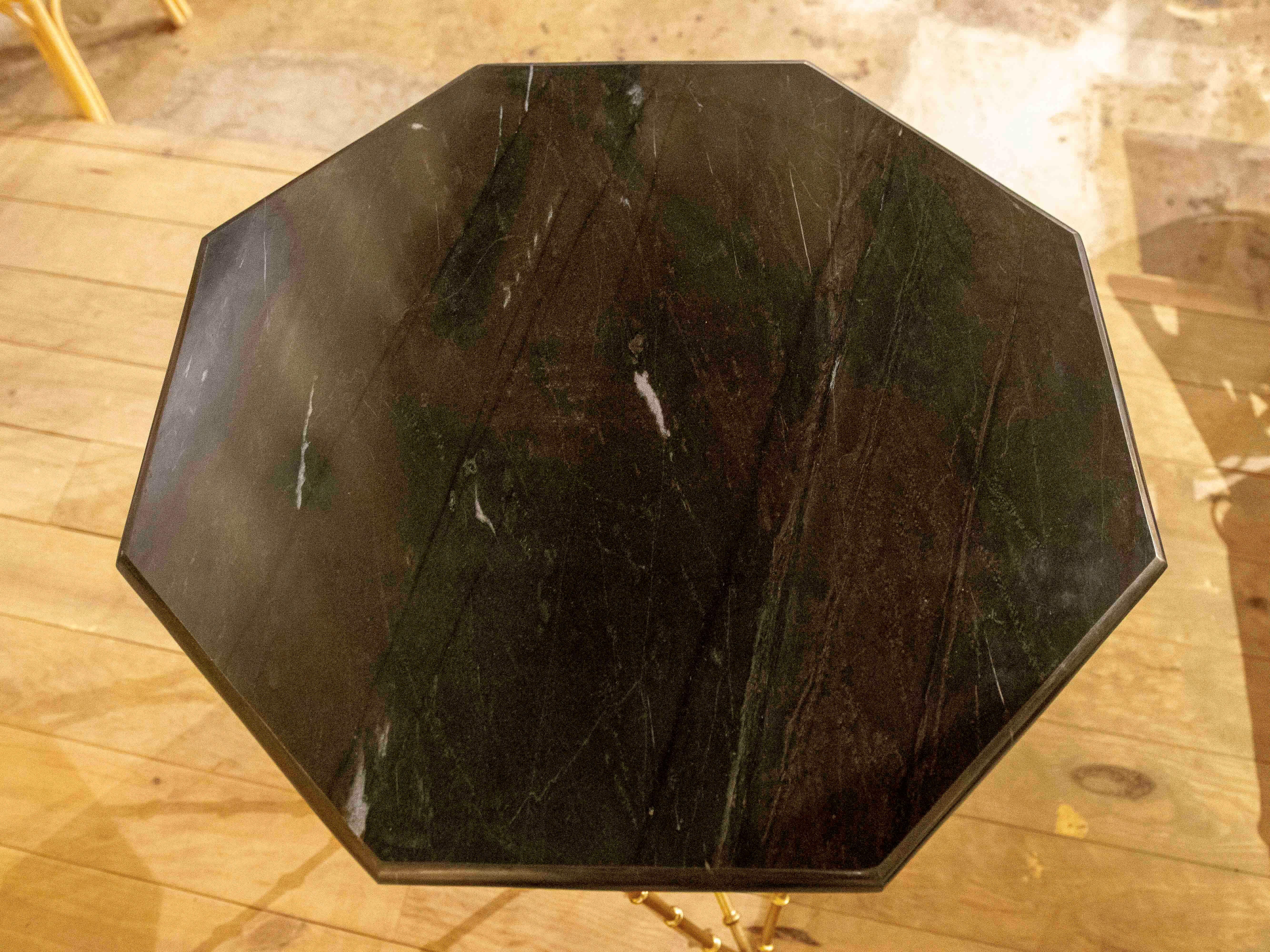 1990s Hexagonal Side Table with Bamboo Style Iron Base and Marble Top For Sale 2