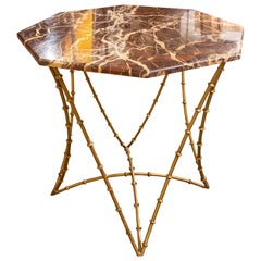 1990s Hexagonal Side Table with Bamboo Style Iron Base and Marble Top