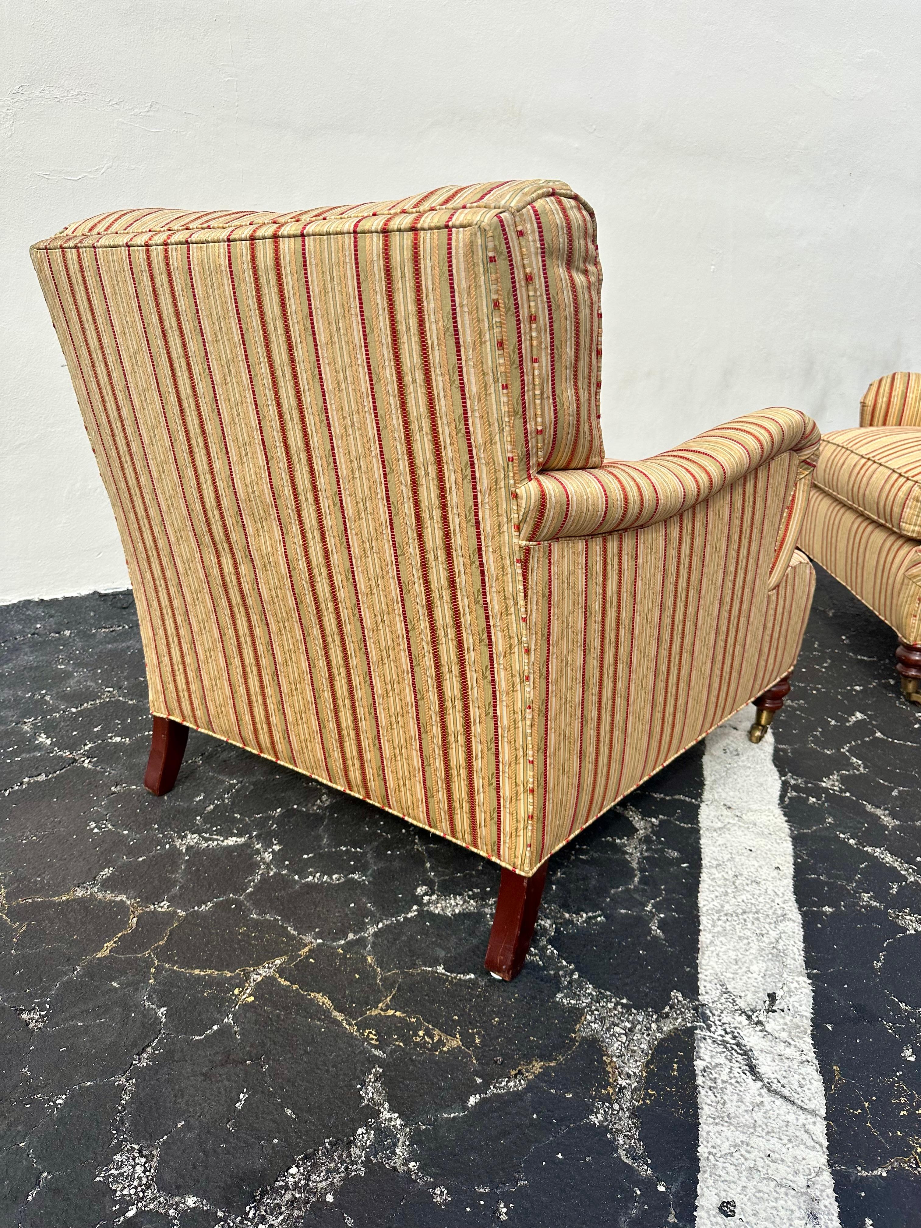 1990s Hickory Chair Co. Large Library English Stripes Castors Chairs, Set of 2 3