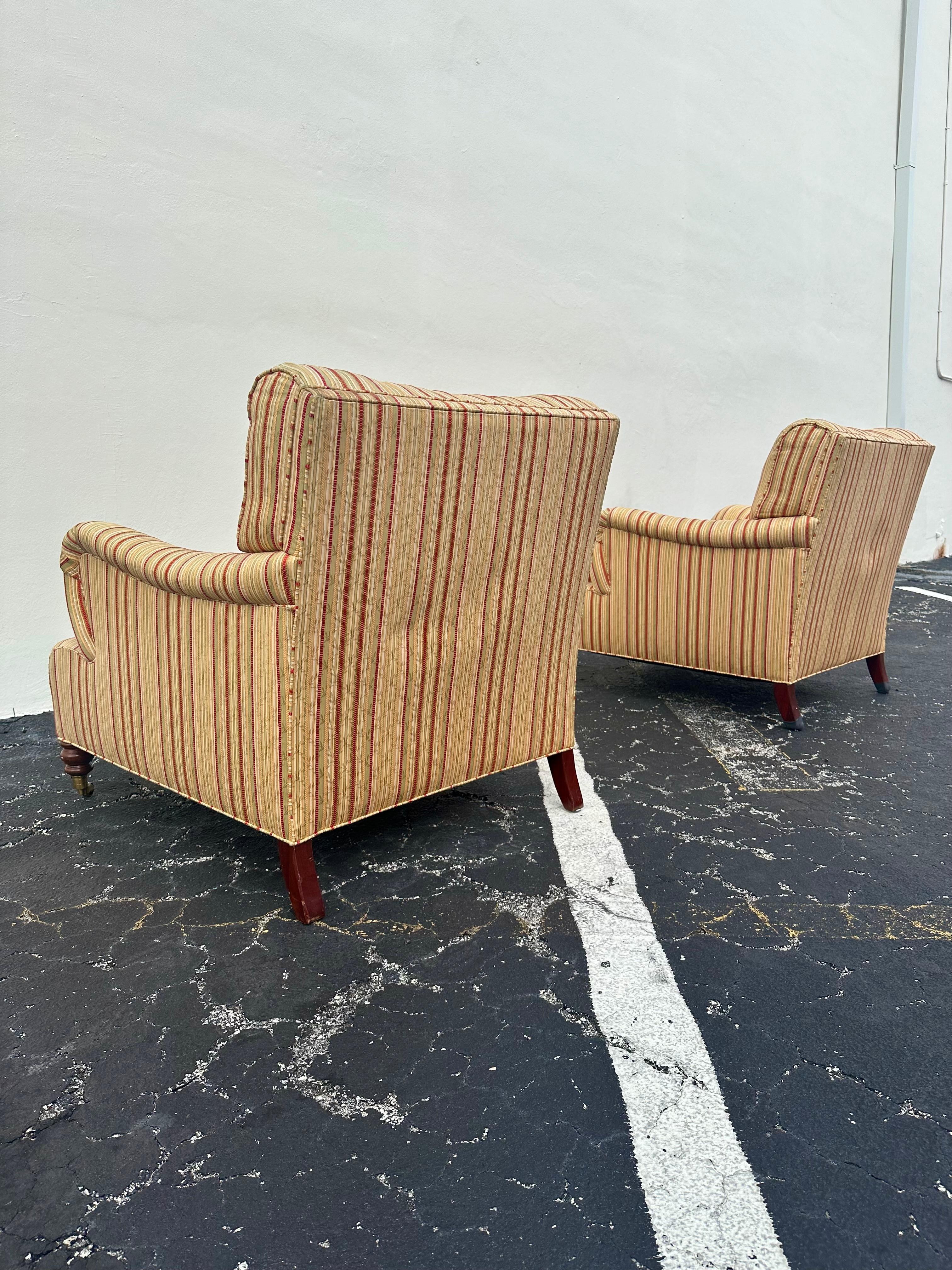 1990s Hickory Chair Co. Large Library English Stripes Castors Chairs, Set of 2 4