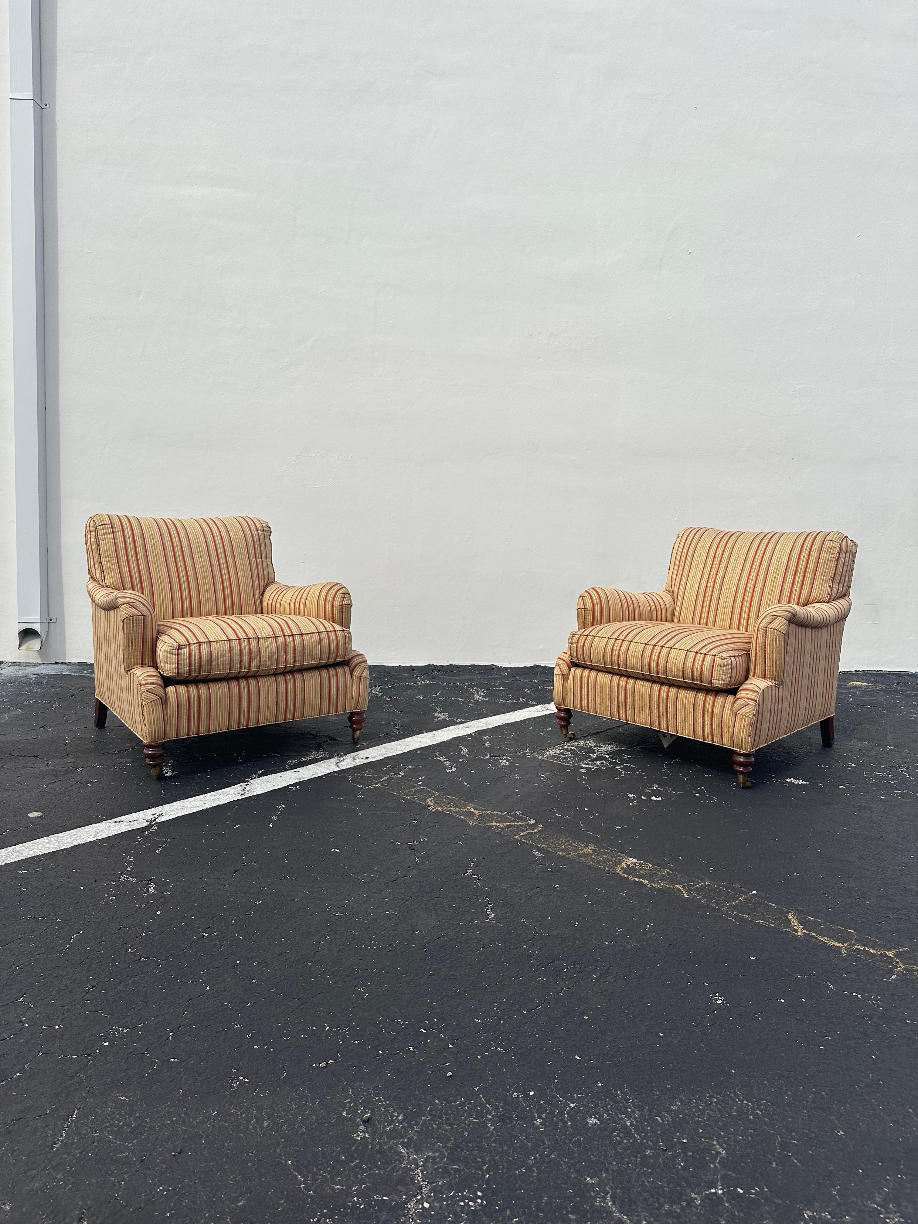 Transport yourself back to the sleek and sophisticated 1990s with this exquisite English rolled arm chair set. The ultra rare chairs exudes an air of history and refinement. Outstanding design is exhibited throughout. The chairs are a statement