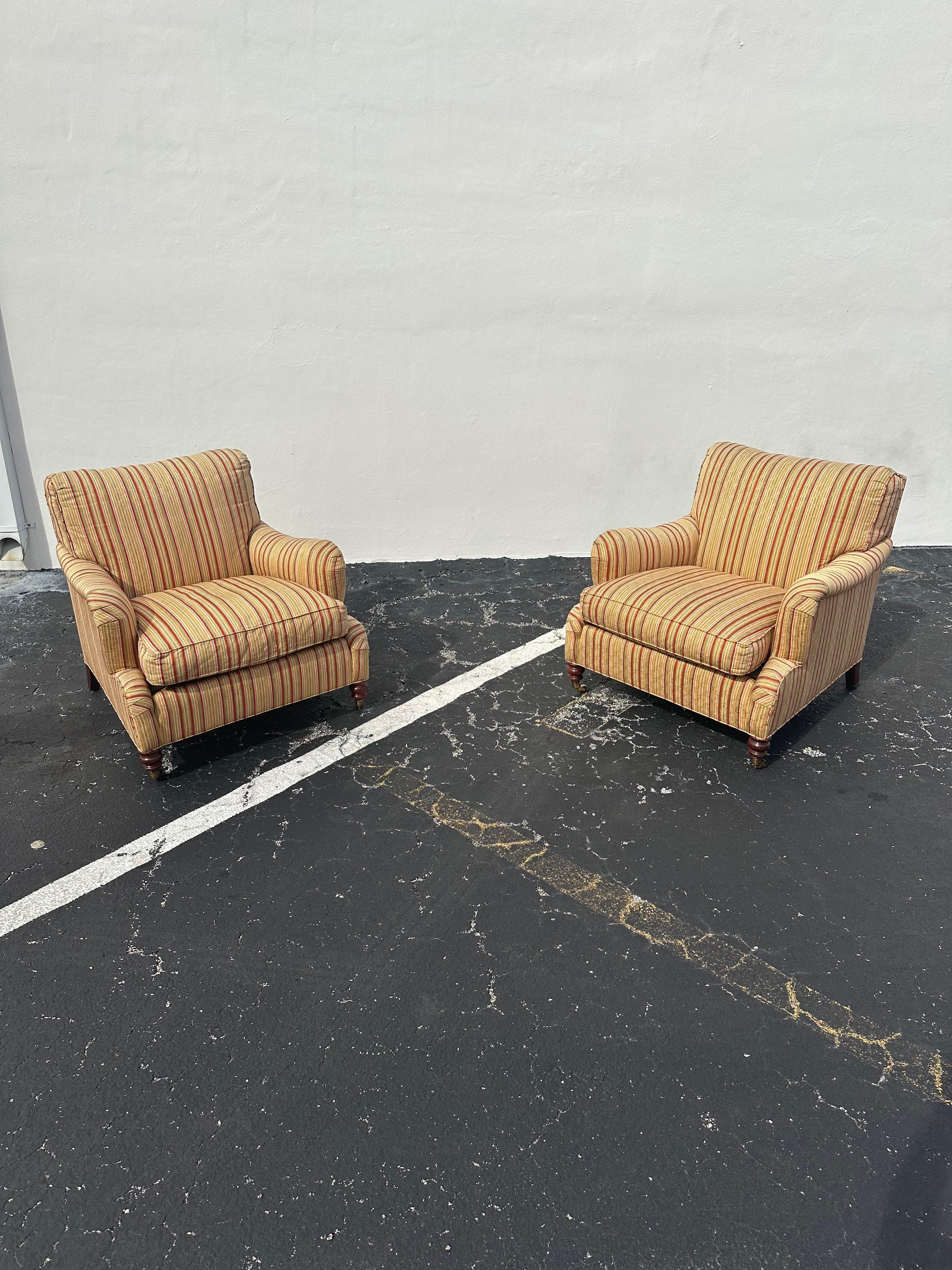 Post-Modern 1990s Hickory Chair Co. Large Library English Stripes Castors Chairs, Set of 2