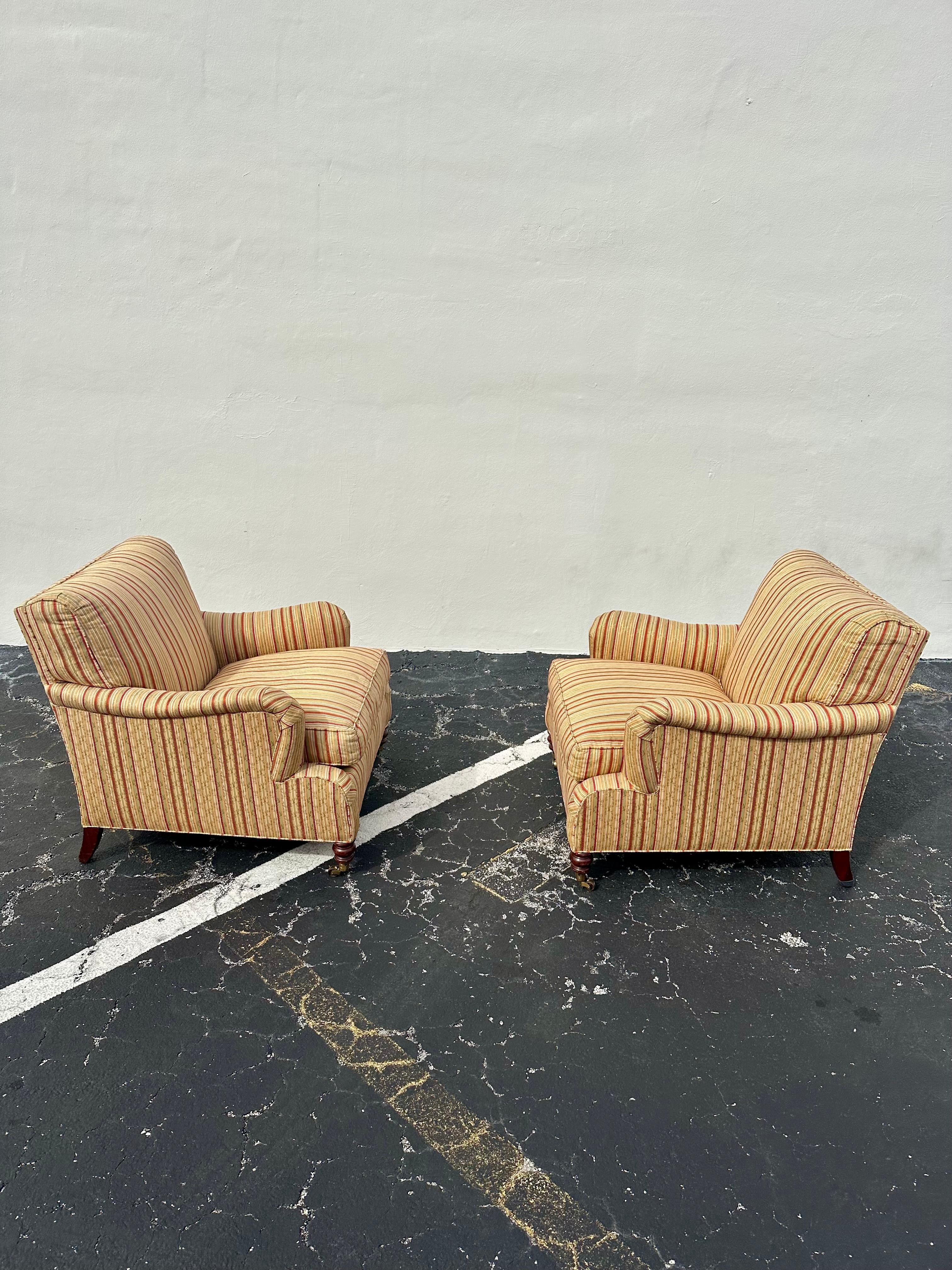 American 1990s Hickory Chair Co. Large Library English Stripes Castors Chairs, Set of 2