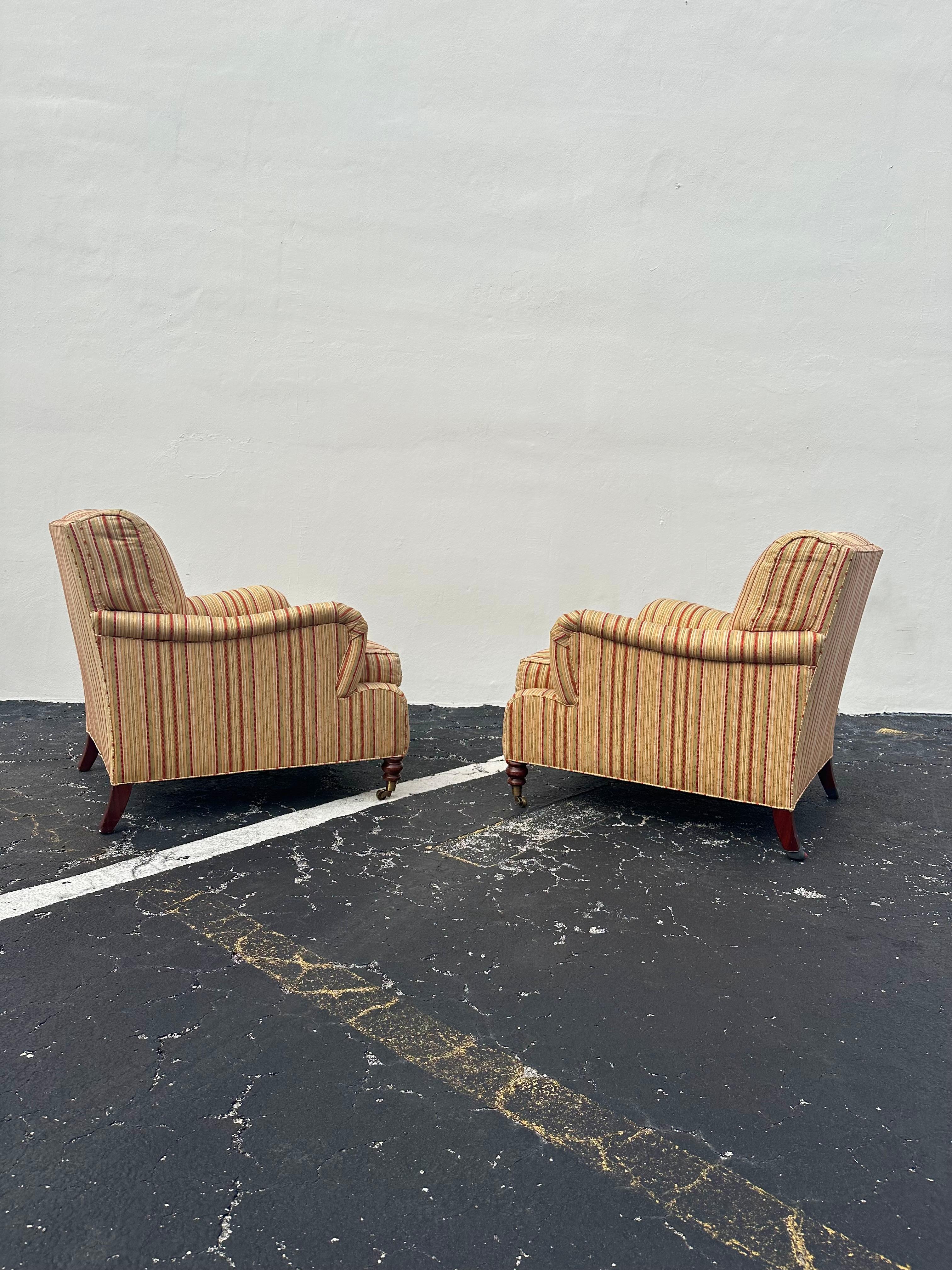 1990s Hickory Chair Co. Large Library English Stripes Castors Chairs, Set of 2 In Good Condition In Fort Lauderdale, FL