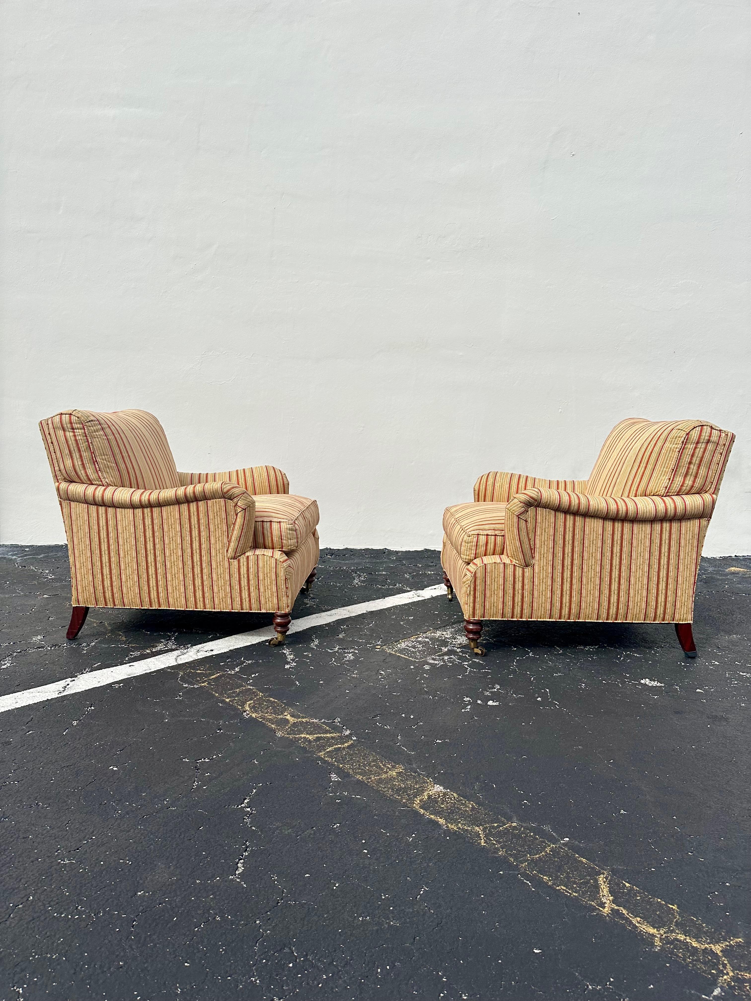 Late 20th Century 1990s Hickory Chair Co. Large Library English Stripes Castors Chairs, Set of 2