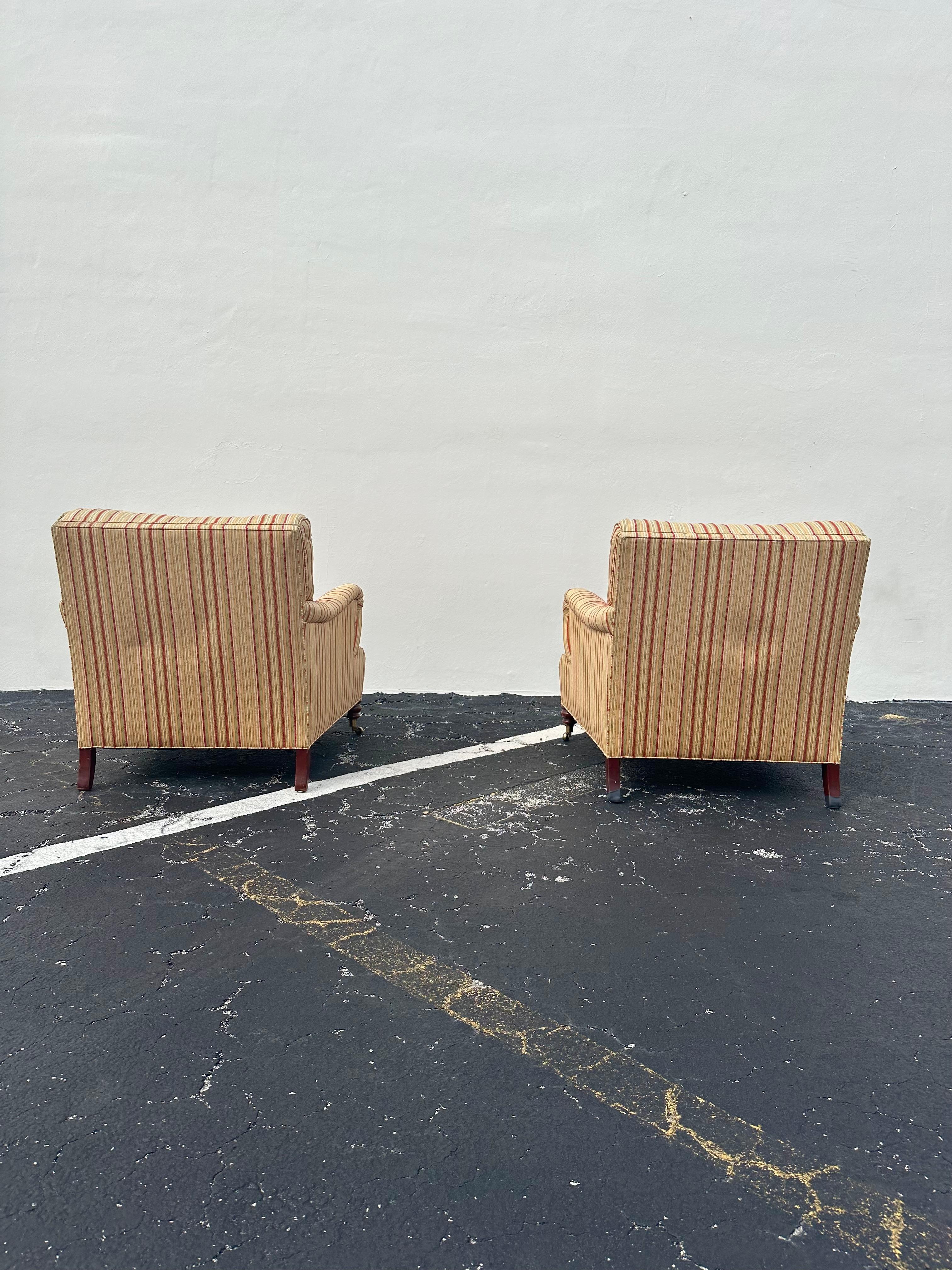 Brass 1990s Hickory Chair Co. Large Library English Stripes Castors Chairs, Set of 2