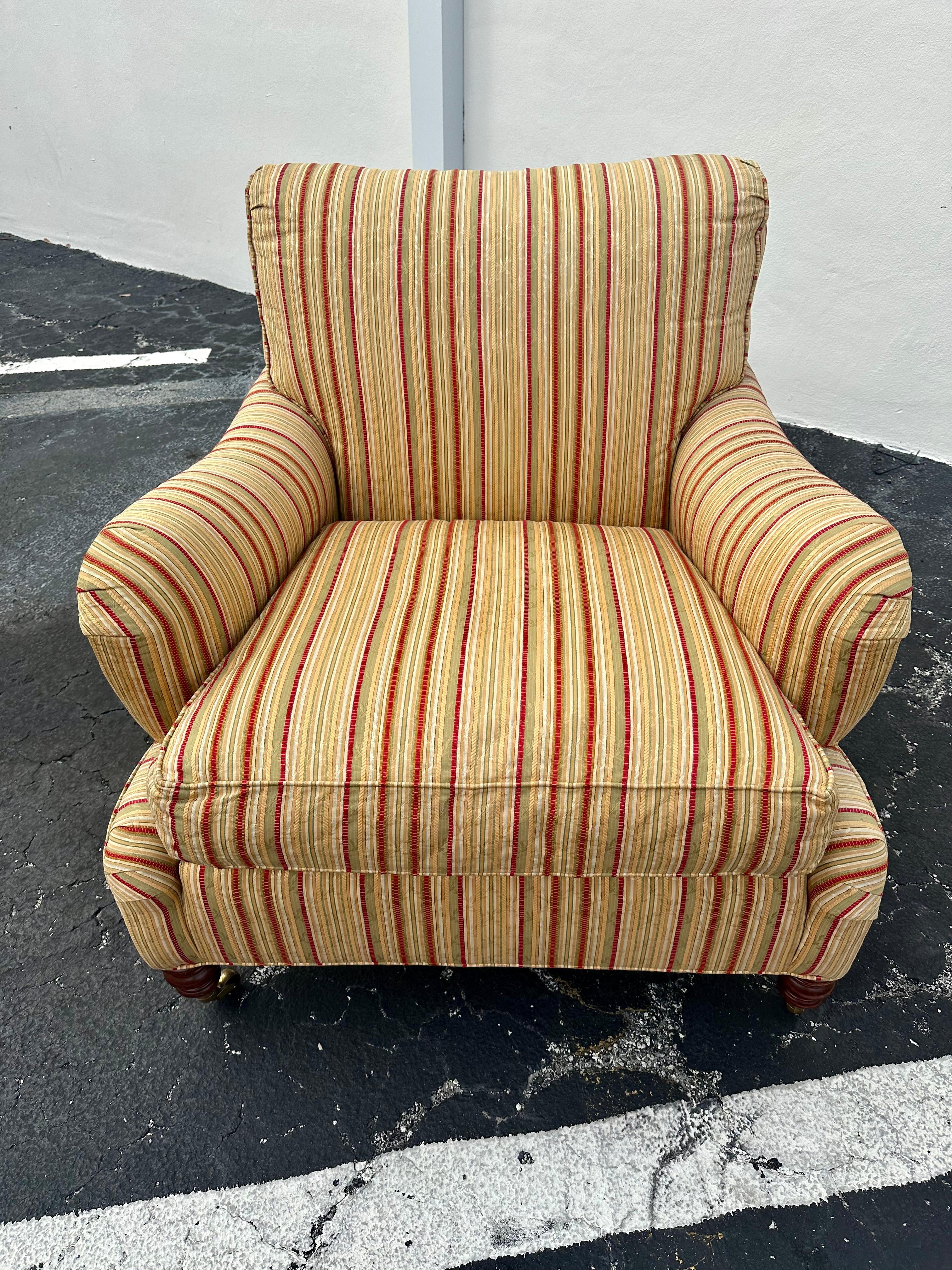 1990s Hickory Chair Co. Large Library English Stripes Castors Chairs, Set of 2 1
