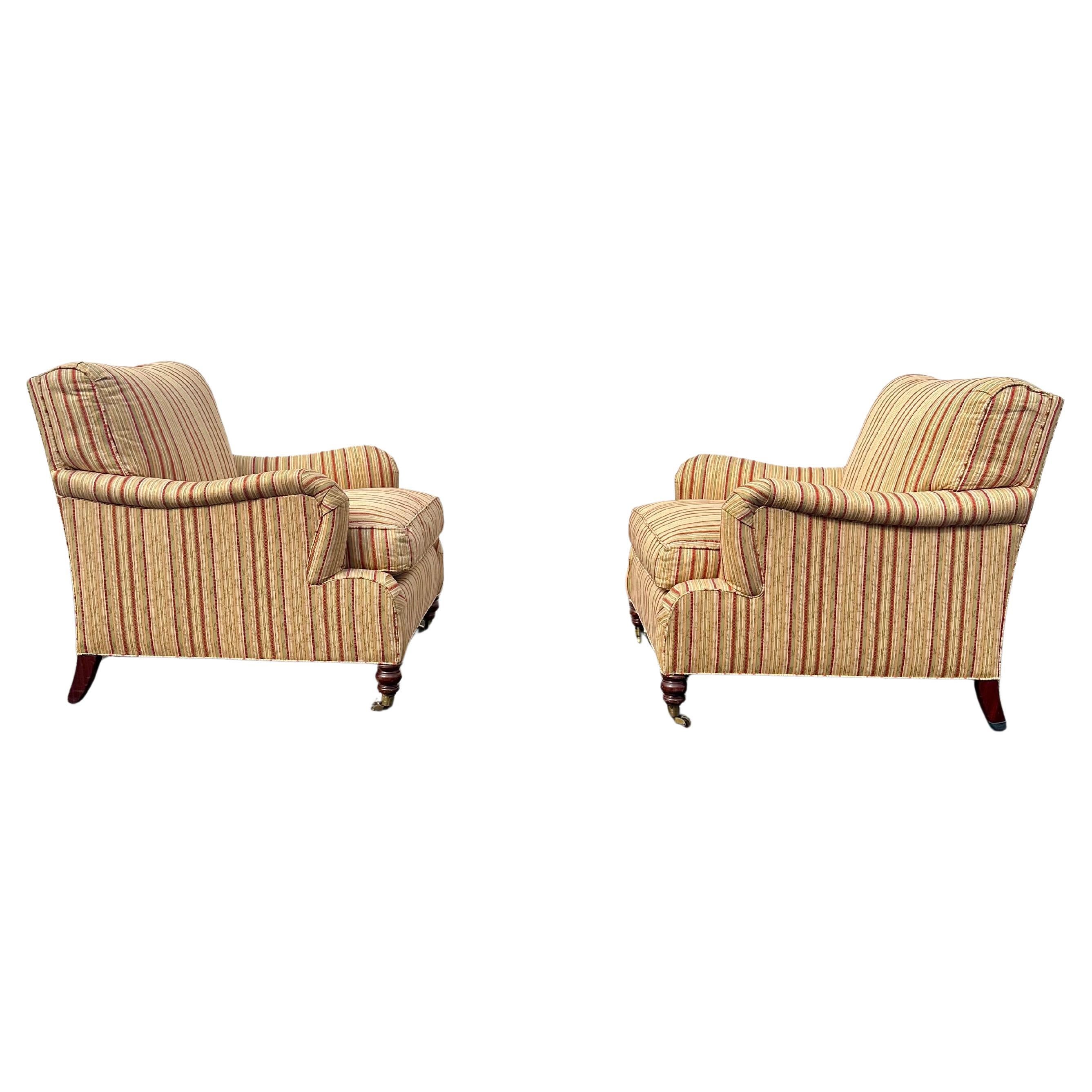 1990 Silla Hickory Co. Juego de 2 sillas con ruedas de rayas inglesas para biblioteca grande