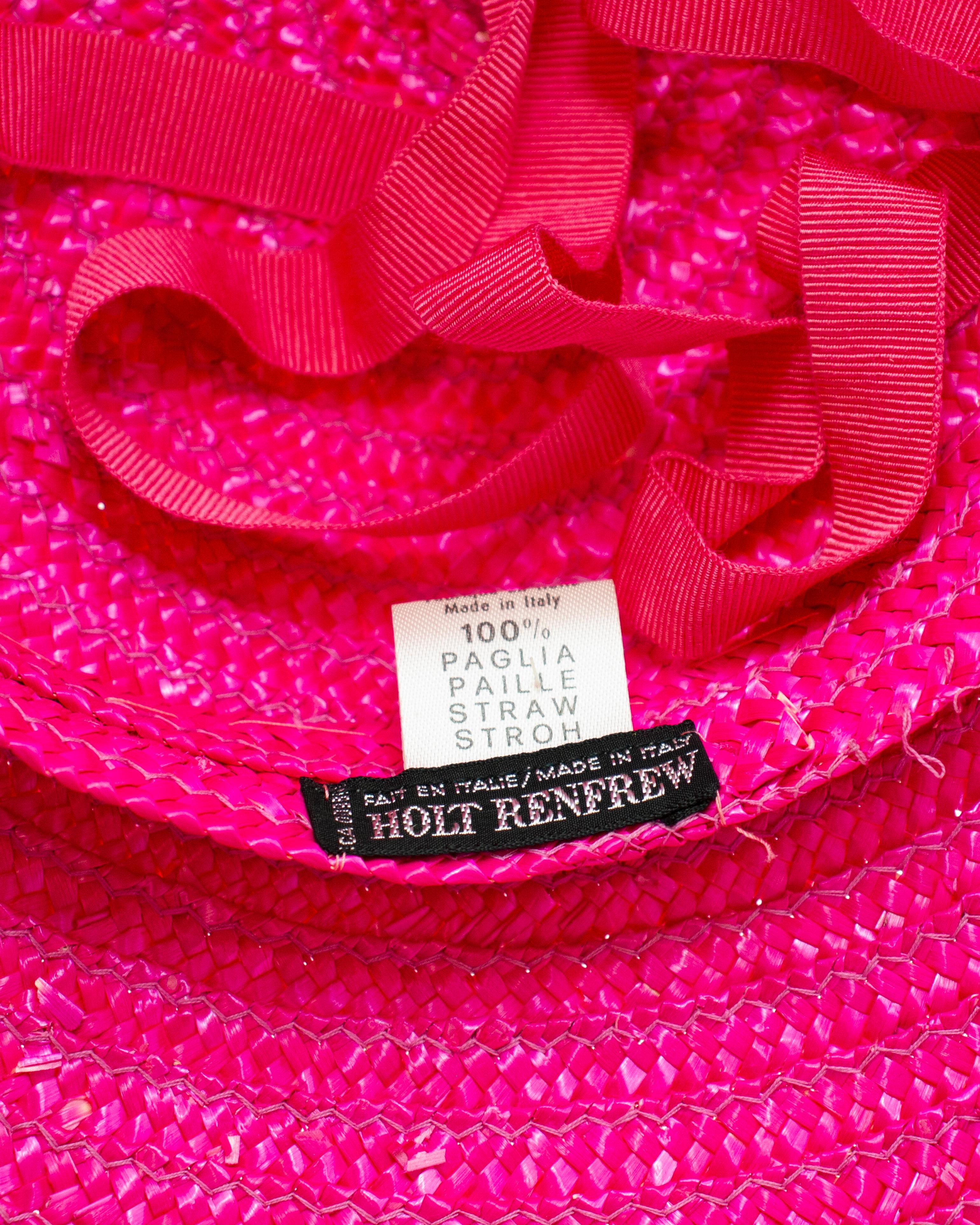 1990s Holt Renfrew Bright Pink Straw Hat For Sale 1