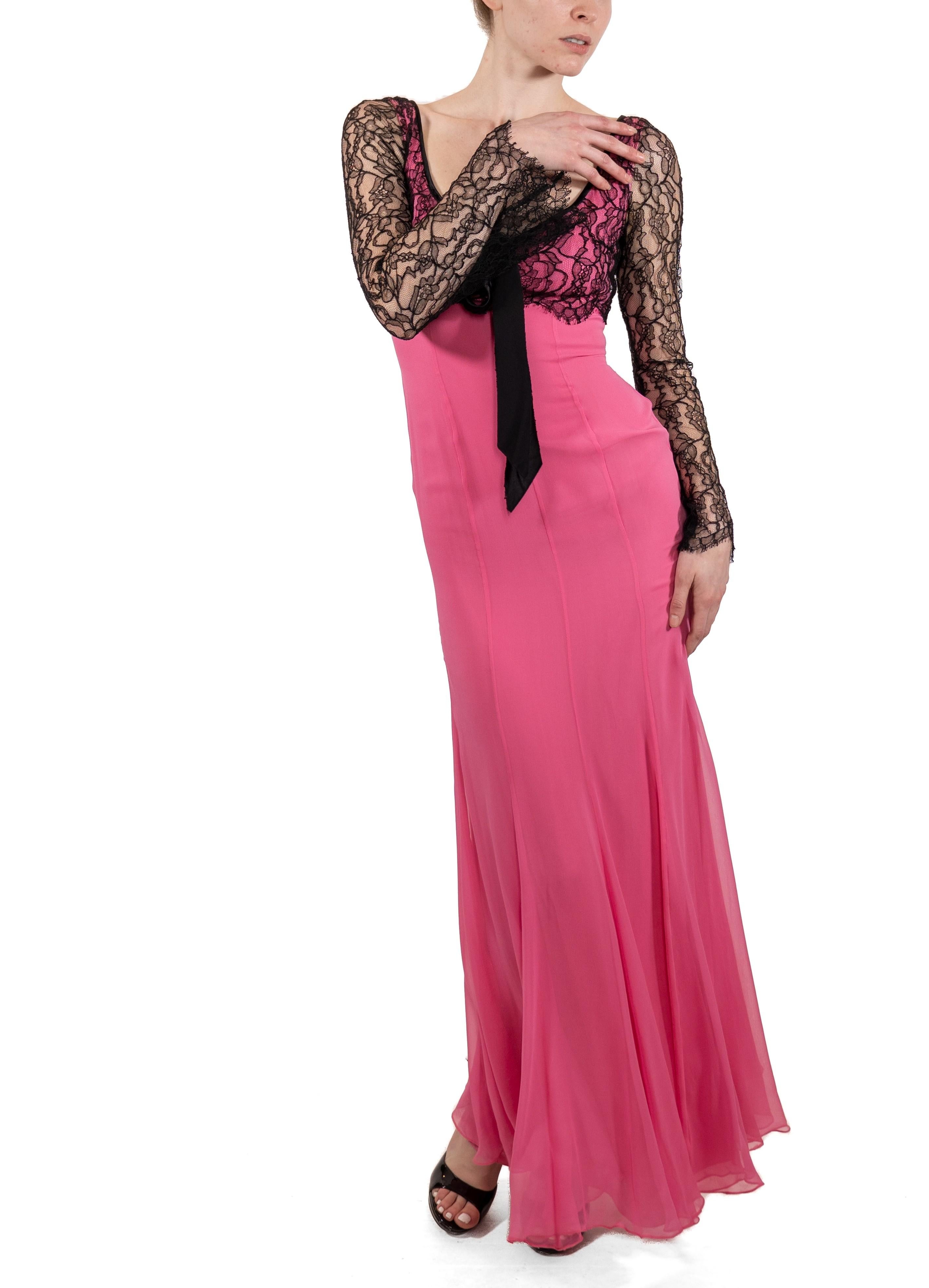 This gown retains no label, however the amount of hand-finishing points to Haute Couture or custom made quality, fully lined in silk. 1990S Hot Pink & Black Silk Chiffon Lace Long Sleeve Gown 