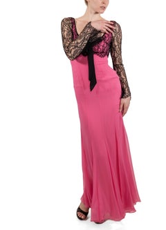 1990S Hot Pink & Black Silk Chiffon Lace Long Sleeve Gown
