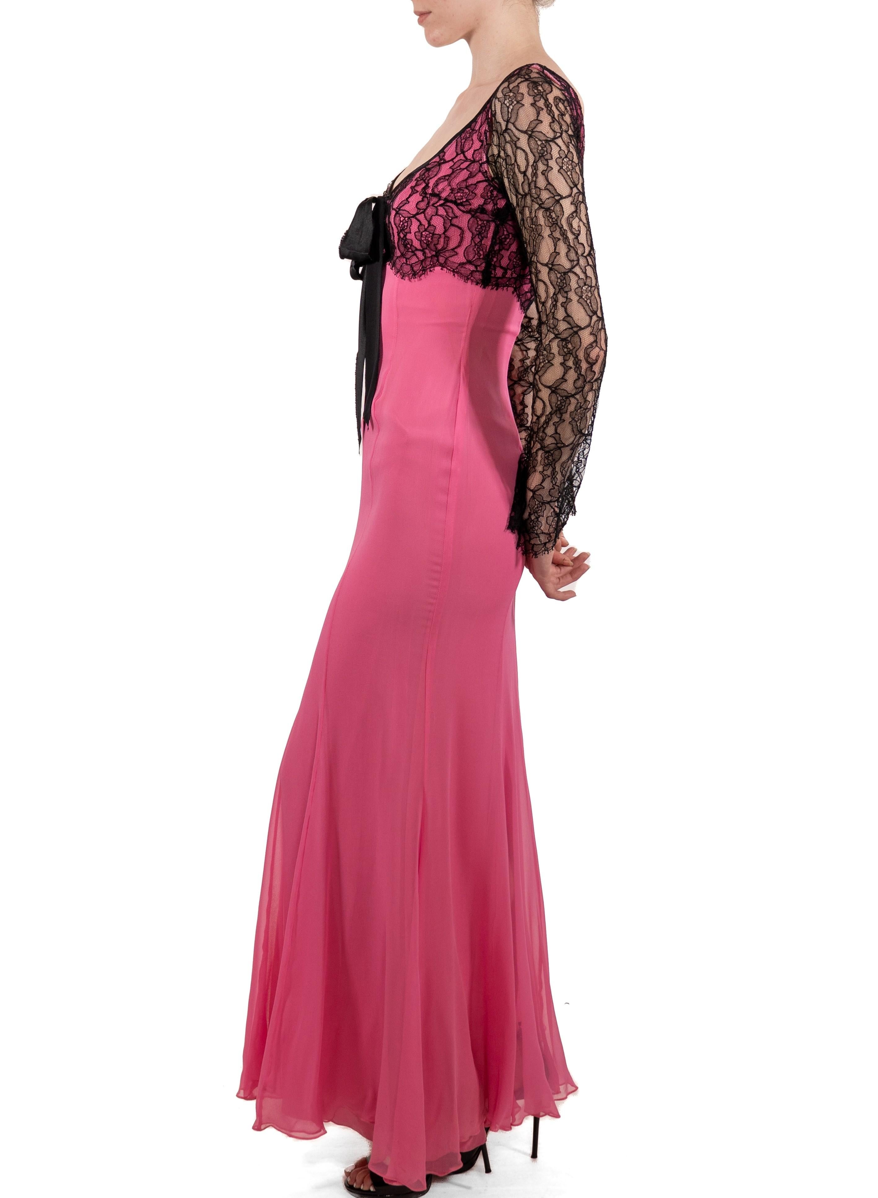 1990S Hot Pink & Black Silk Chiffon Lace Long Sleeve Gown In Good Condition For Sale In New York, NY