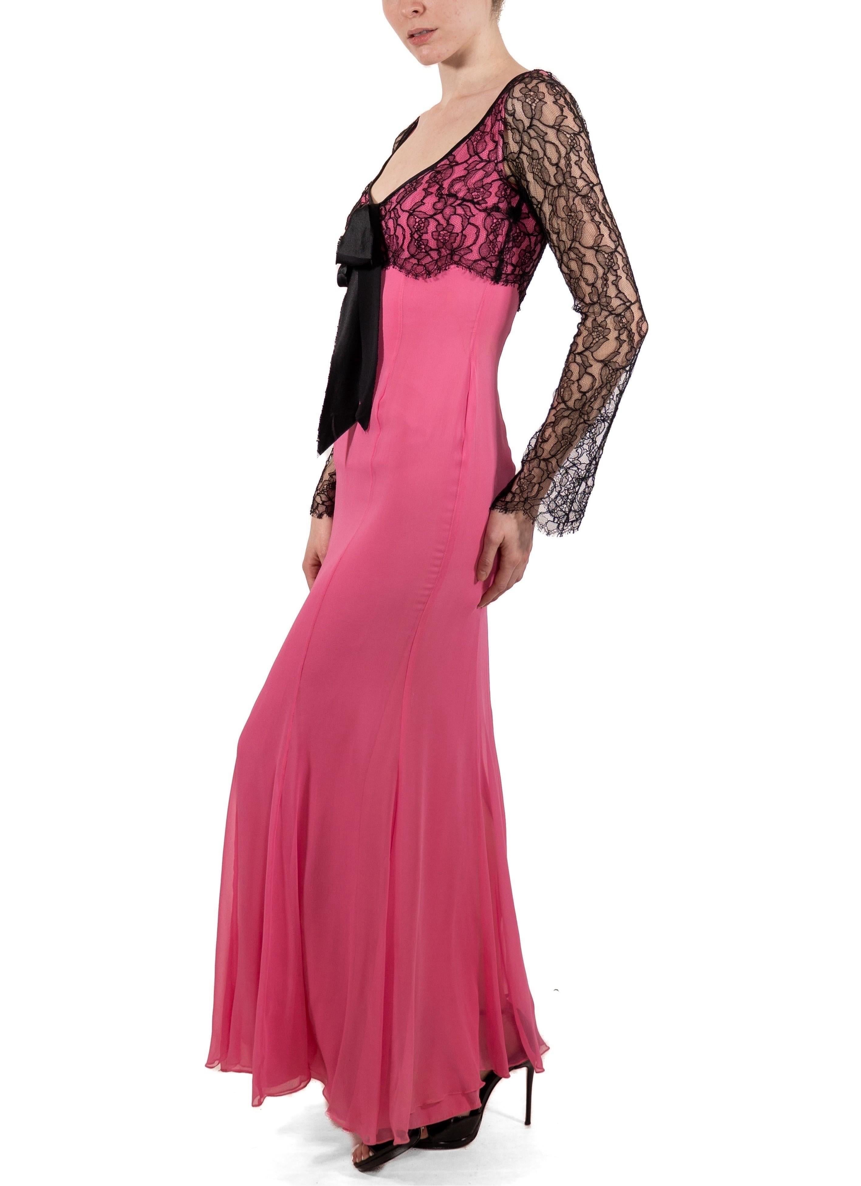 Women's 1990S Hot Pink & Black Silk Chiffon Lace Long Sleeve Gown For Sale