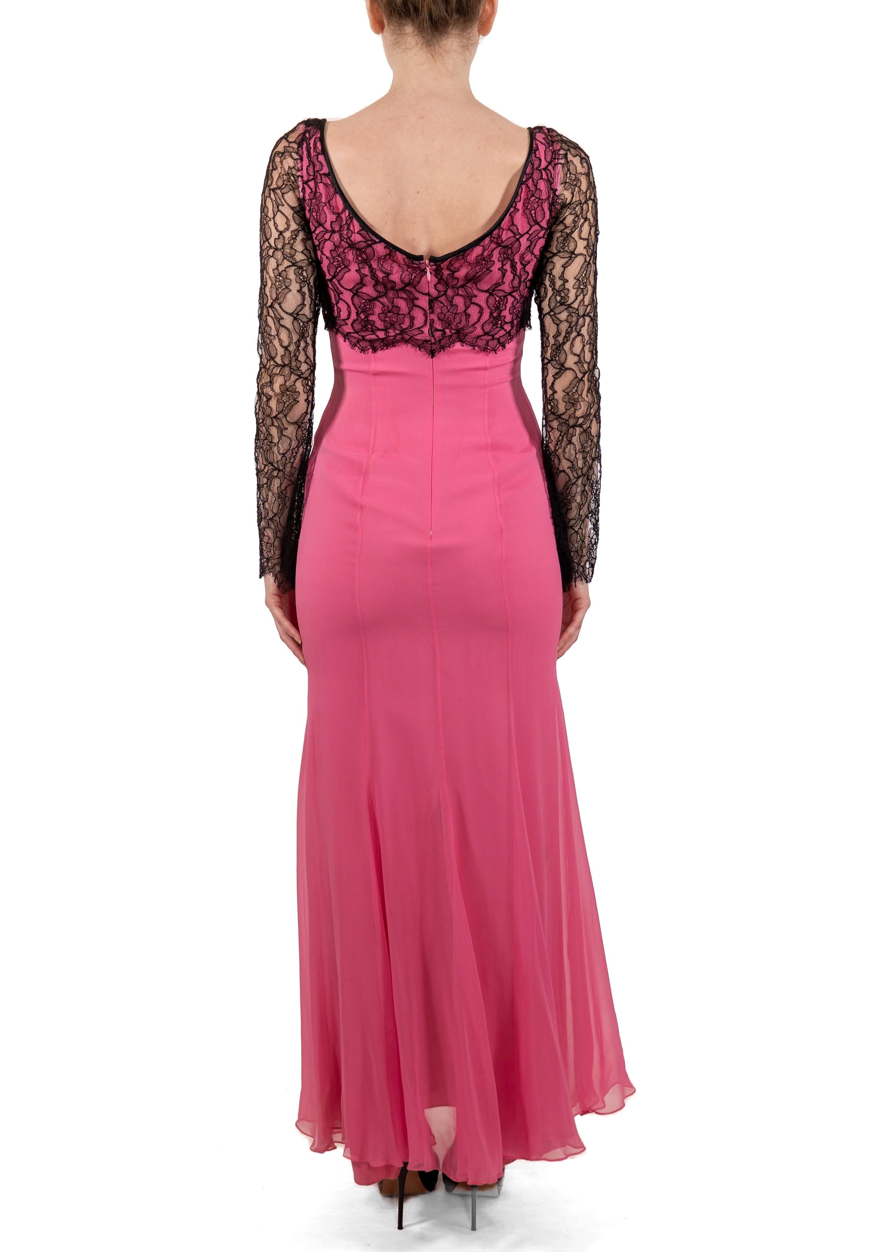 1990S Hot Pink & Black Silk Chiffon Lace Long Sleeve Gown For Sale 1