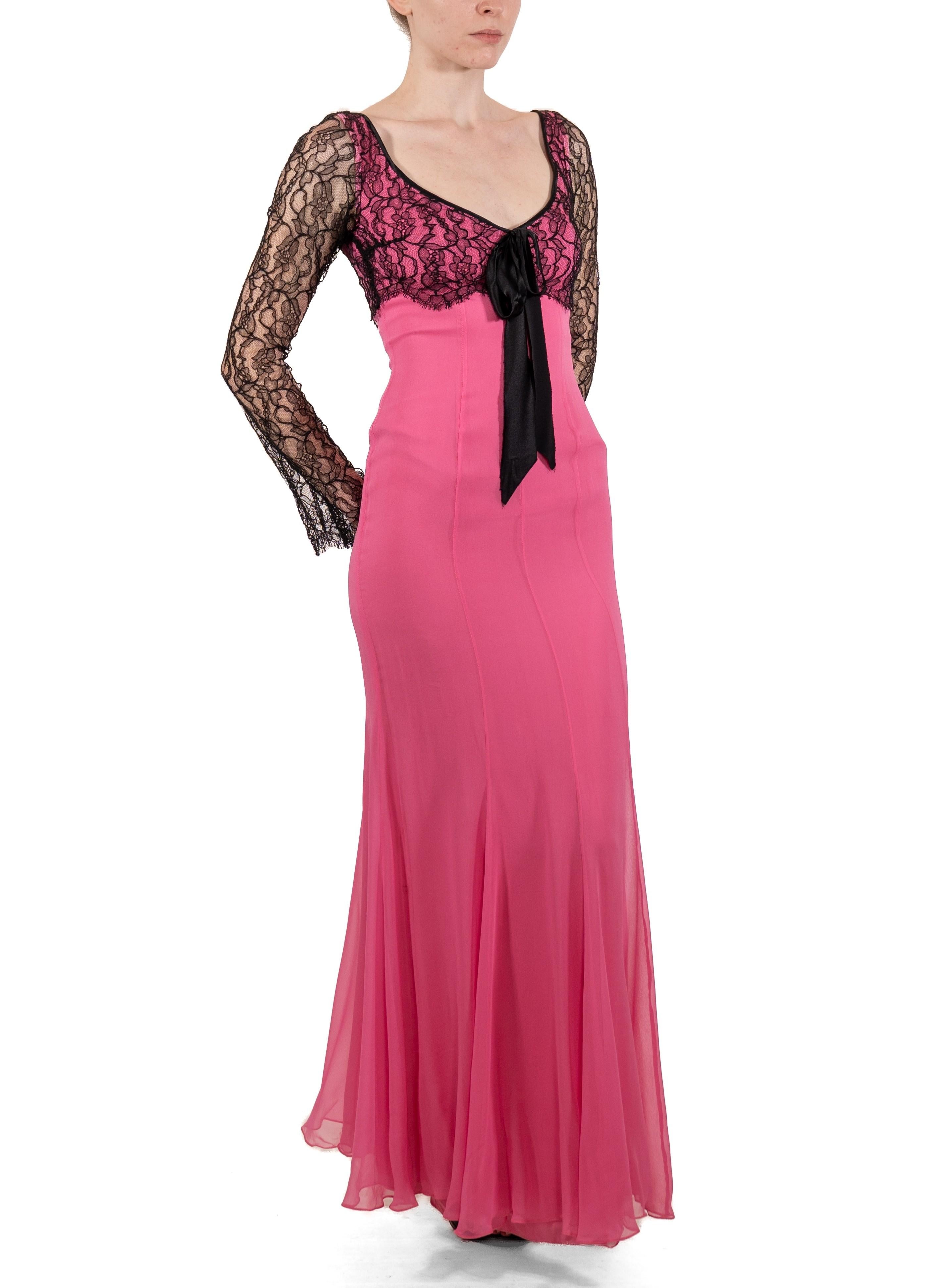 1990S Hot Pink & Black Silk Chiffon Lace Long Sleeve Gown For Sale 3