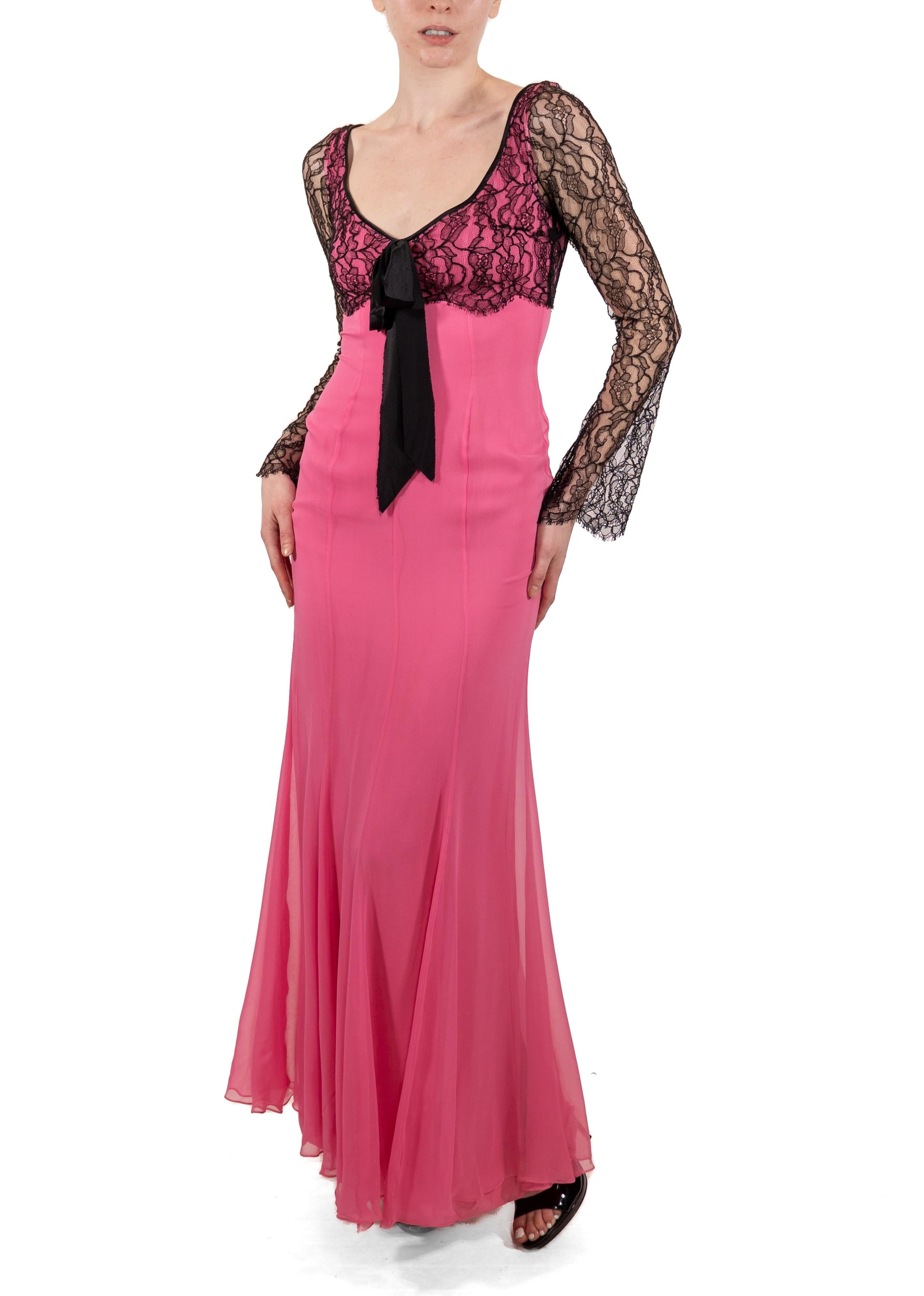 1990S Hot Pink & Black Silk Chiffon Lace Long Sleeve Gown For Sale 4
