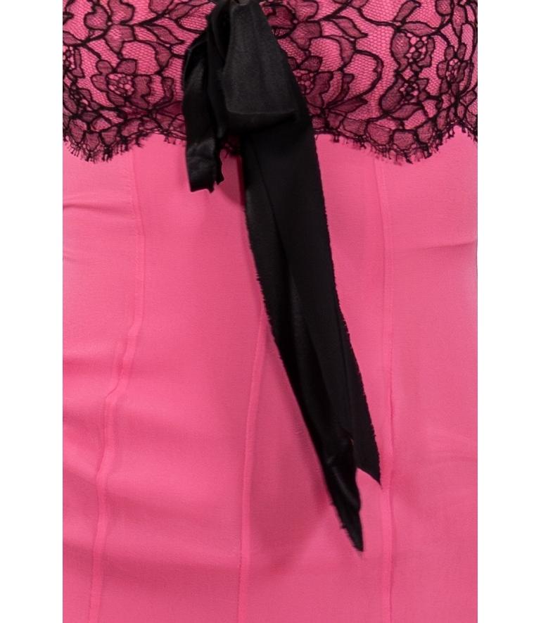 1990S Hot Pink & Black Silk Chiffon Lace Long Sleeve Gown For Sale 5