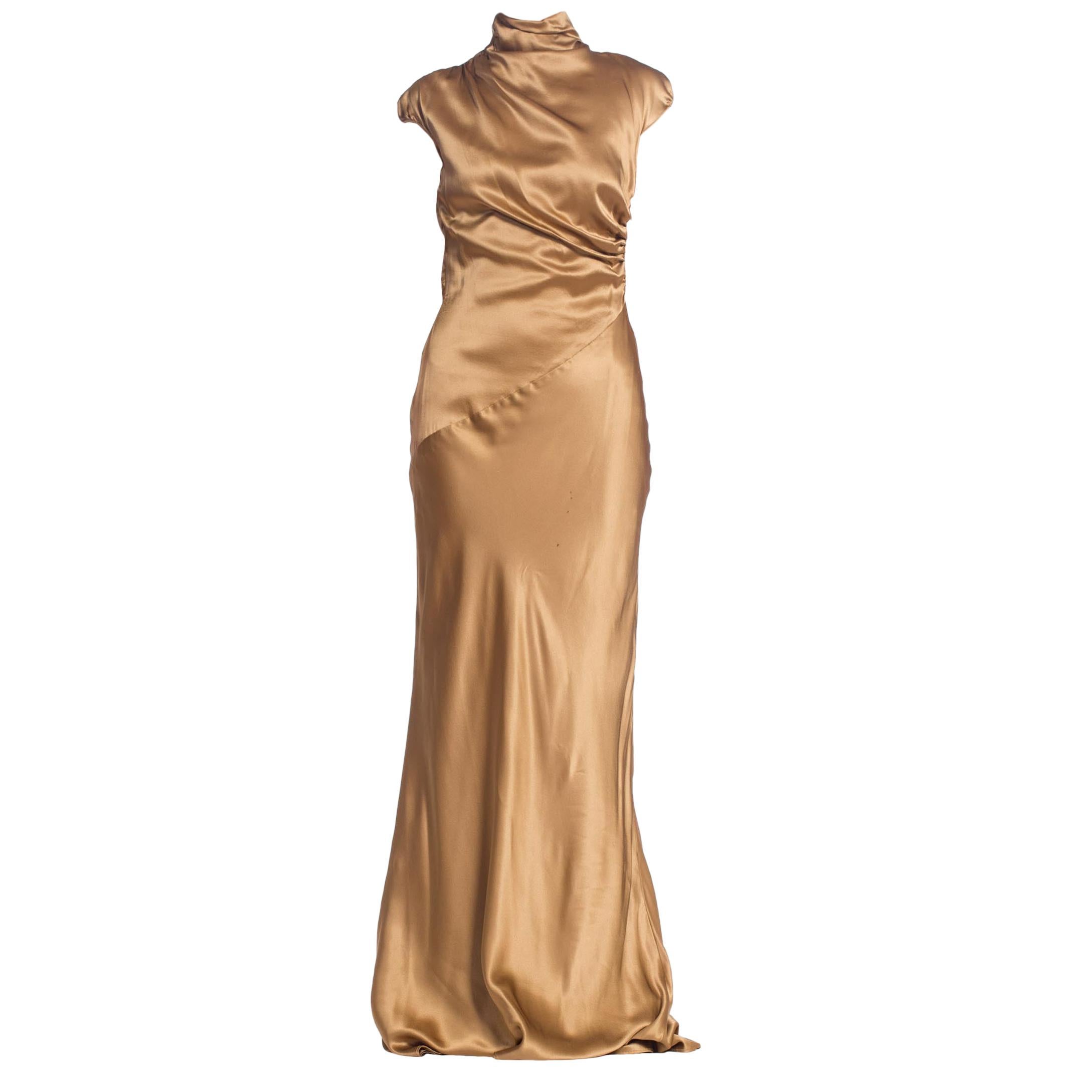 1990S Hugo Boss Gold Bias Cut Silk Satin Gown