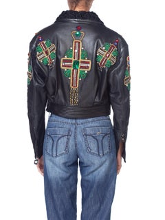 1990'S GIANNI VERSACE Iconic Crystal Cross Beaded Leather Biker Jacket From 1993