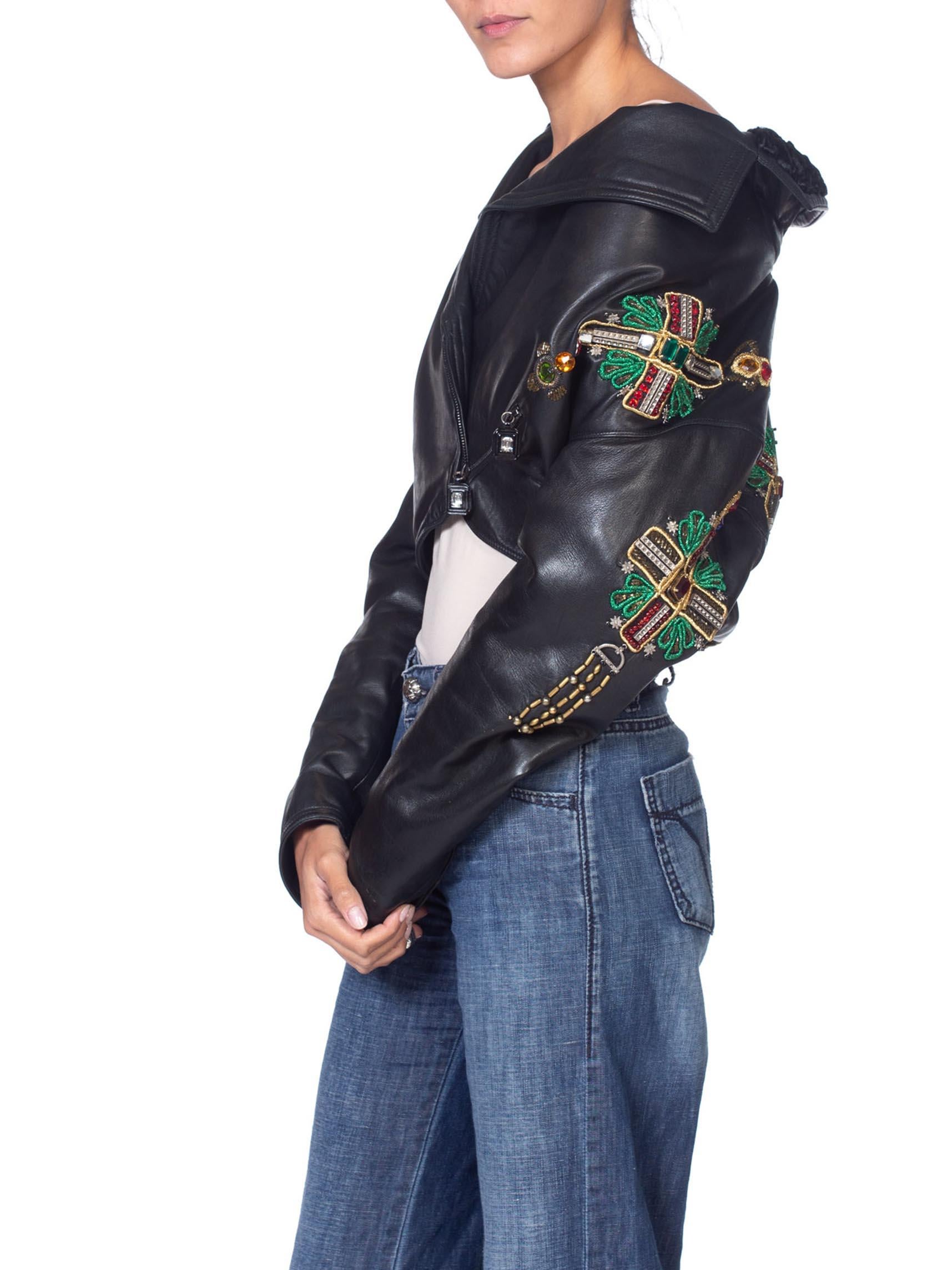 Women's 1990'S GIANNI VERSACE Iconic Crystal Cross Beaded Leather Biker Jacket From 1993