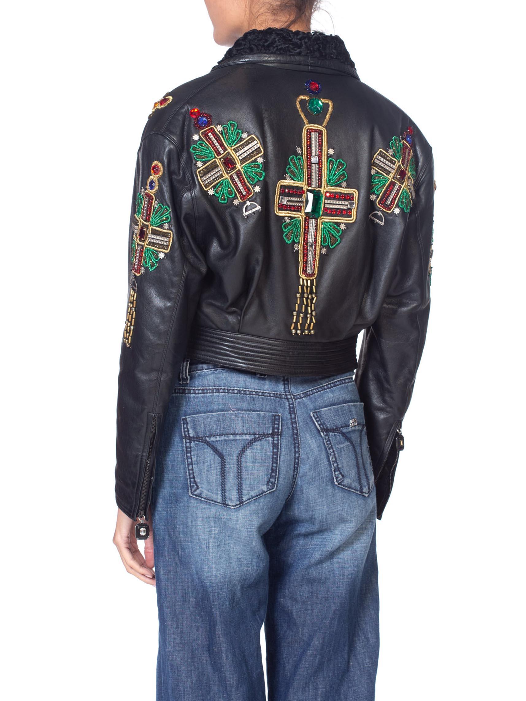 1990'S GIANNI VERSACE Iconic Crystal Cross Beaded Leather Biker Jacket From 1993 2