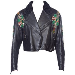 1990'S GIANNI VERSACE Iconic Crystal Cross Beaded Leather Biker Jacket From 1993