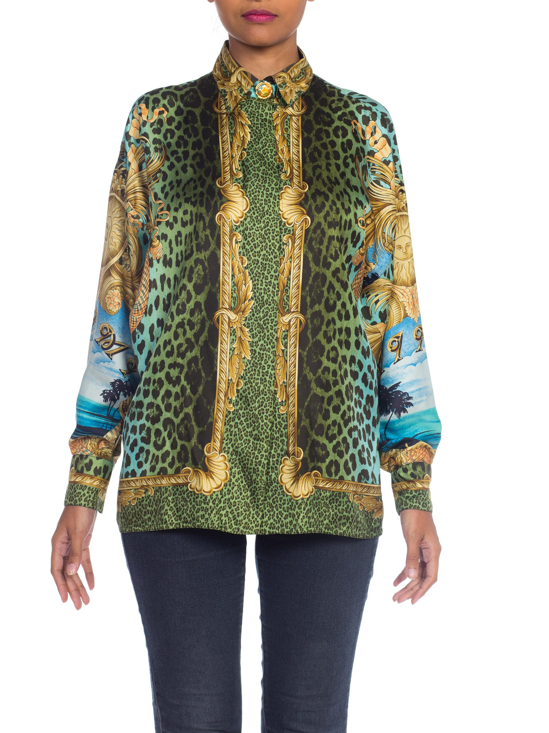 1990S GIANNI VERSACE Printed Silk Iconic Leopard Miami  Shirt Sz 40 In Excellent Condition In New York, NY