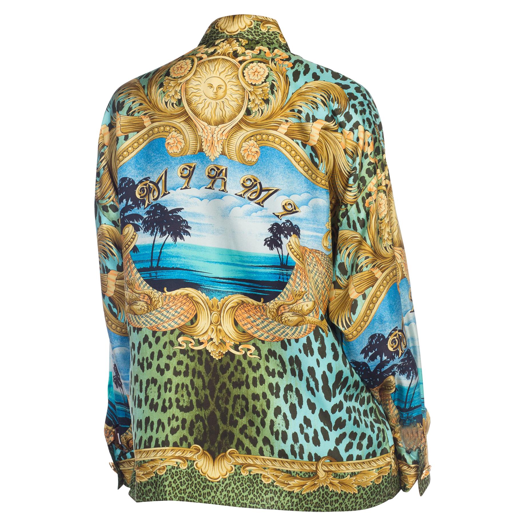 1990S GIANNI VERSACE Printed Silk Iconic Leopard Miami  Shirt Sz 40